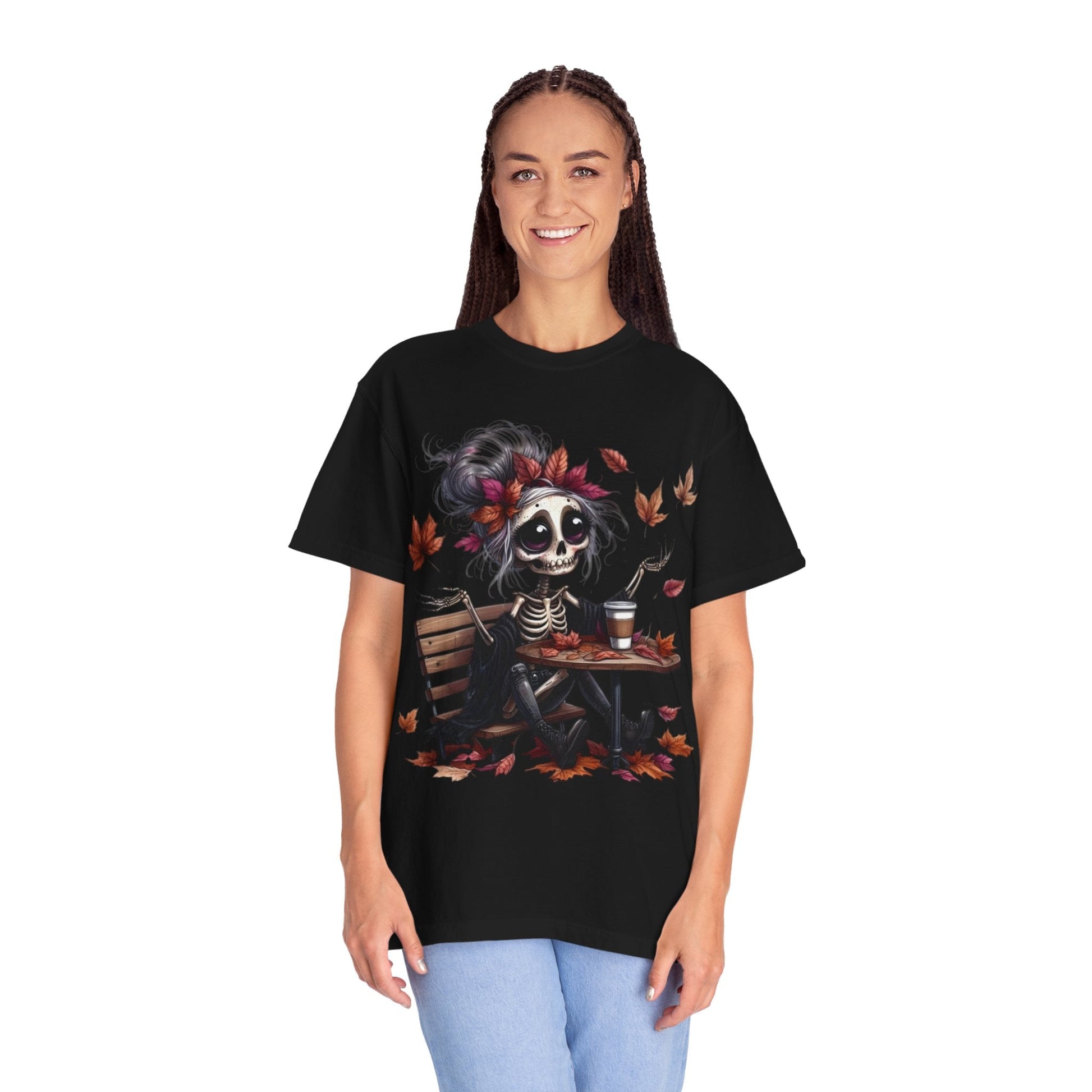 Autumn Vibe Skeleton Tee, Unisex Garment - Dyed T-shirt, Halloween Shirt, Fall Apparel, Skull Graphic Tee, Everyday Casual Wear - Metamorphosis Creations