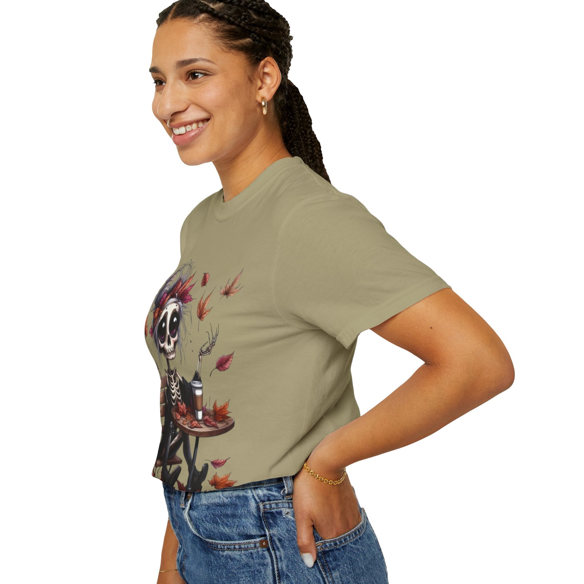 Autumn Vibe Skeleton Tee, Unisex Garment - Dyed T-shirt, Halloween Shirt, Fall Apparel, Skull Graphic Tee, Everyday Casual Wear - Metamorphosis Creations