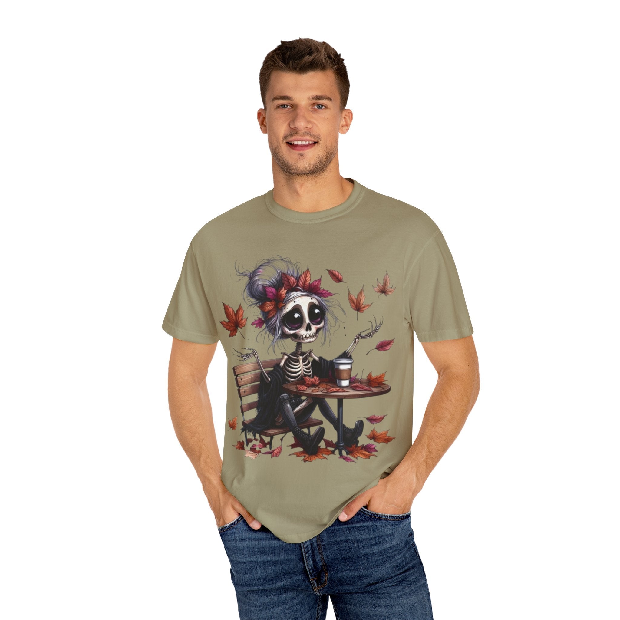 Autumn Vibe Skeleton Tee, Unisex Garment - Dyed T-shirt, Halloween Shirt, Fall Apparel, Skull Graphic Tee, Everyday Casual Wear - Metamorphosis Creations