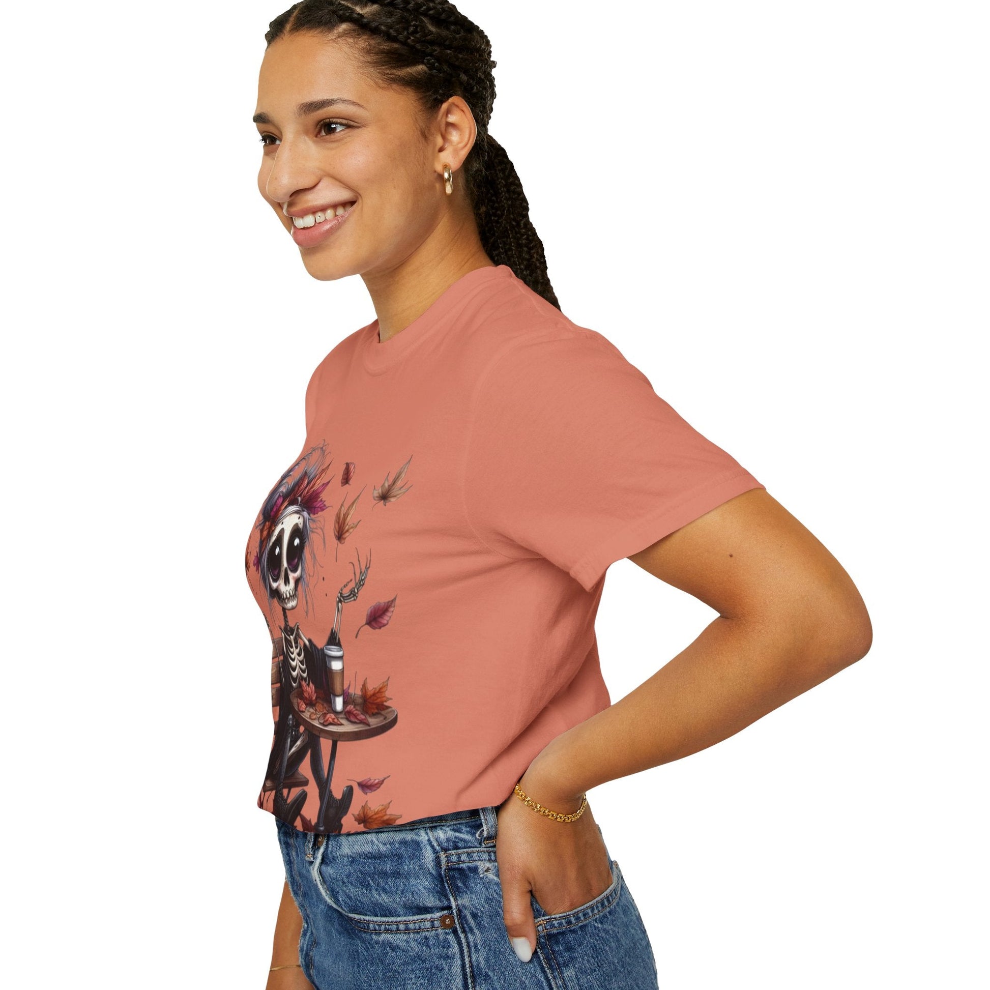 Autumn Vibe Skeleton Tee, Unisex Garment - Dyed T-shirt, Halloween Shirt, Fall Apparel, Skull Graphic Tee, Everyday Casual Wear - Metamorphosis Creations