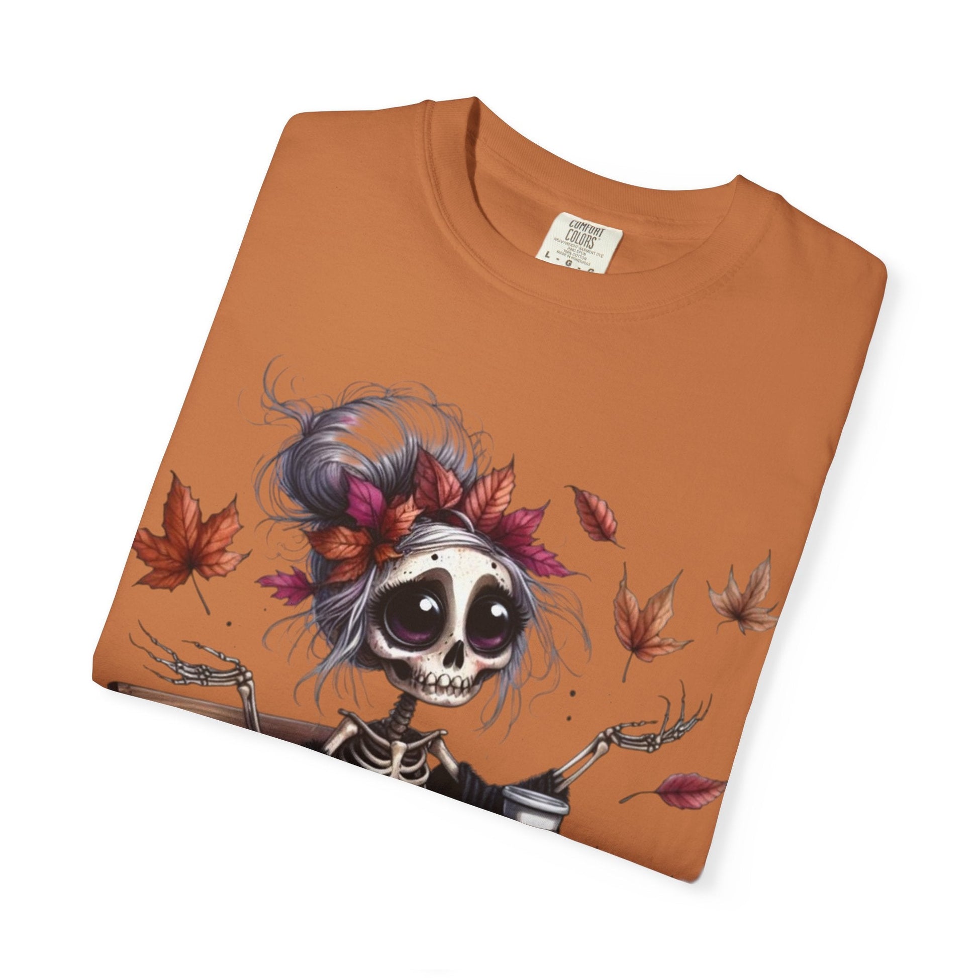 Autumn Vibe Skeleton Tee, Unisex Garment - Dyed T-shirt, Halloween Shirt, Fall Apparel, Skull Graphic Tee, Everyday Casual Wear - Metamorphosis Creations