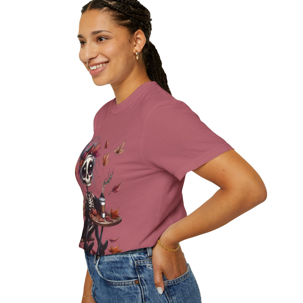 Autumn Vibe Skeleton Tee, Unisex Garment - Dyed T-shirt, Halloween Shirt, Fall Apparel, Skull Graphic Tee, Everyday Casual Wear - Metamorphosis Creations