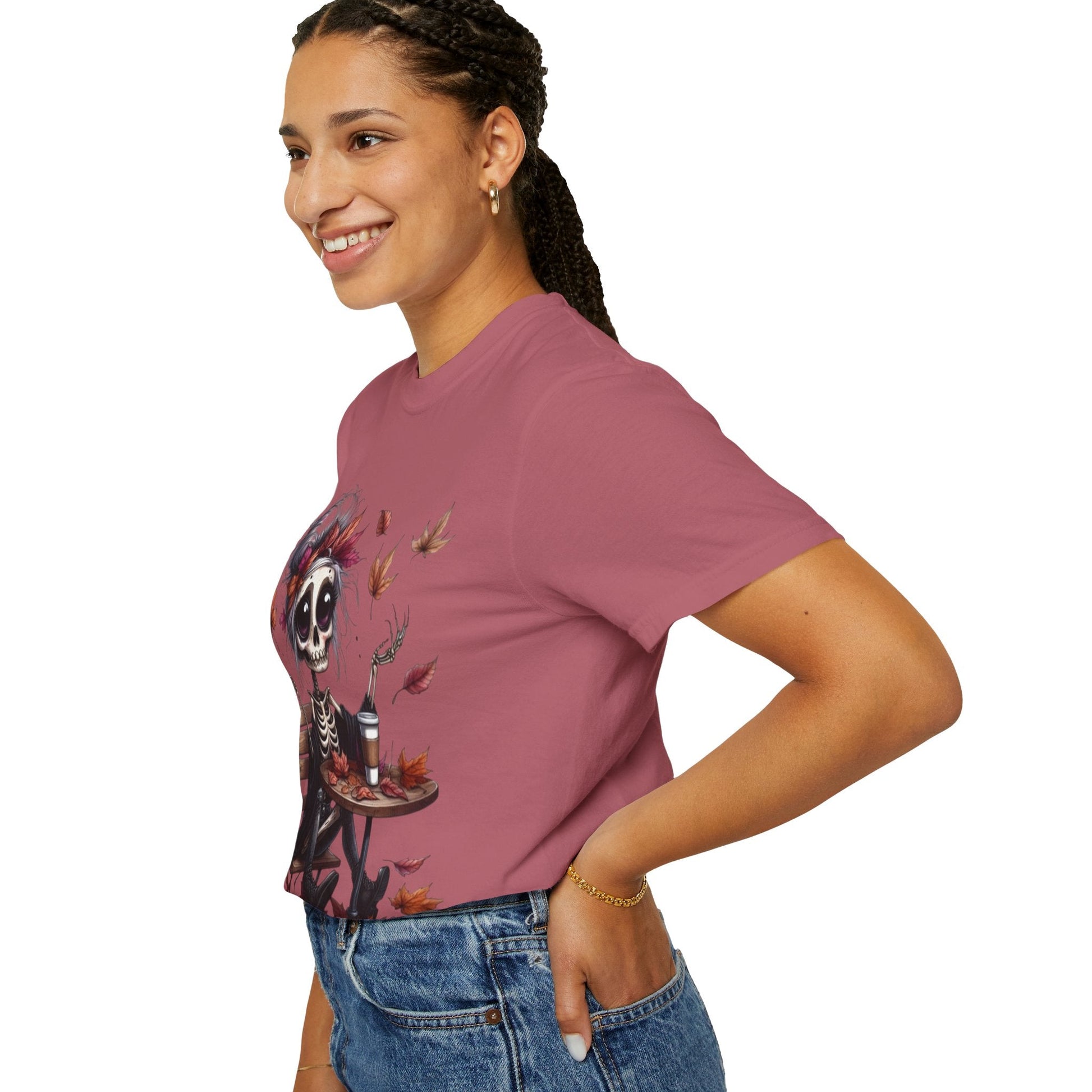 Autumn Vibe Skeleton Tee, Unisex Garment - Dyed T-shirt, Halloween Shirt, Fall Apparel, Skull Graphic Tee, Everyday Casual Wear - Metamorphosis Creations