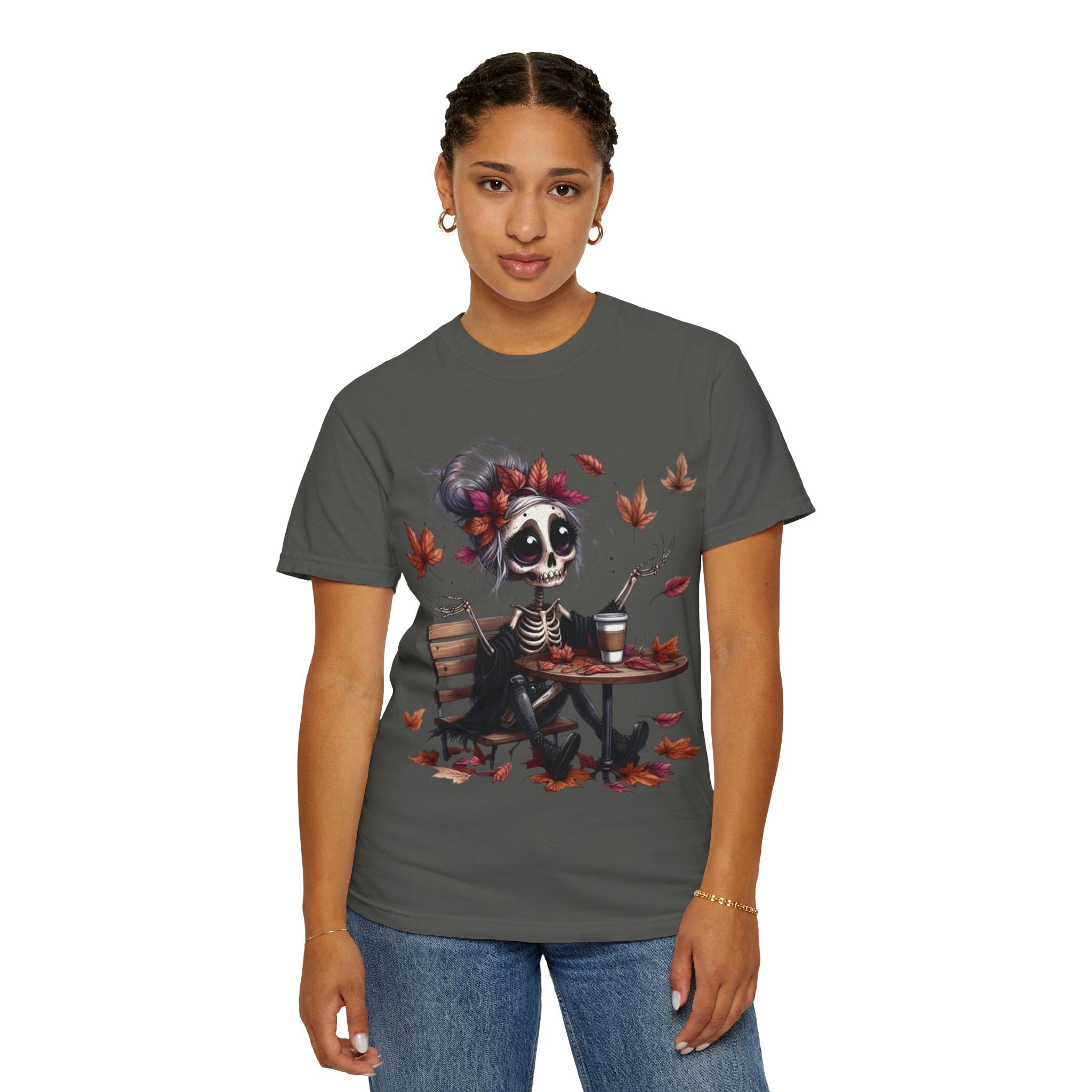 Autumn Vibe Skeleton Tee, Unisex Garment - Dyed T-shirt, Halloween Shirt, Fall Apparel, Skull Graphic Tee, Everyday Casual Wear - Metamorphosis Creations