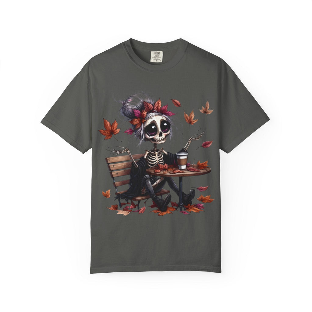 Autumn Vibe Skeleton Tee, Unisex Garment - Dyed T-shirt, Halloween Shirt, Fall Apparel, Skull Graphic Tee, Everyday Casual Wear - Metamorphosis Creations
