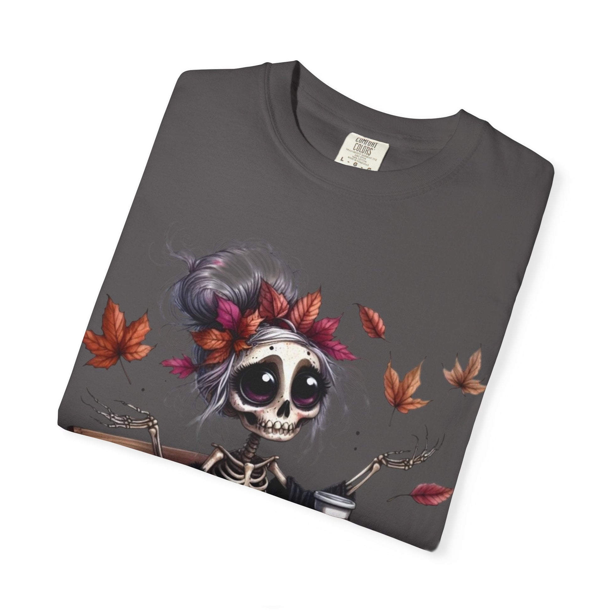 Autumn Vibe Skeleton Tee, Unisex Garment - Dyed T-shirt, Halloween Shirt, Fall Apparel, Skull Graphic Tee, Everyday Casual Wear - Metamorphosis Creations