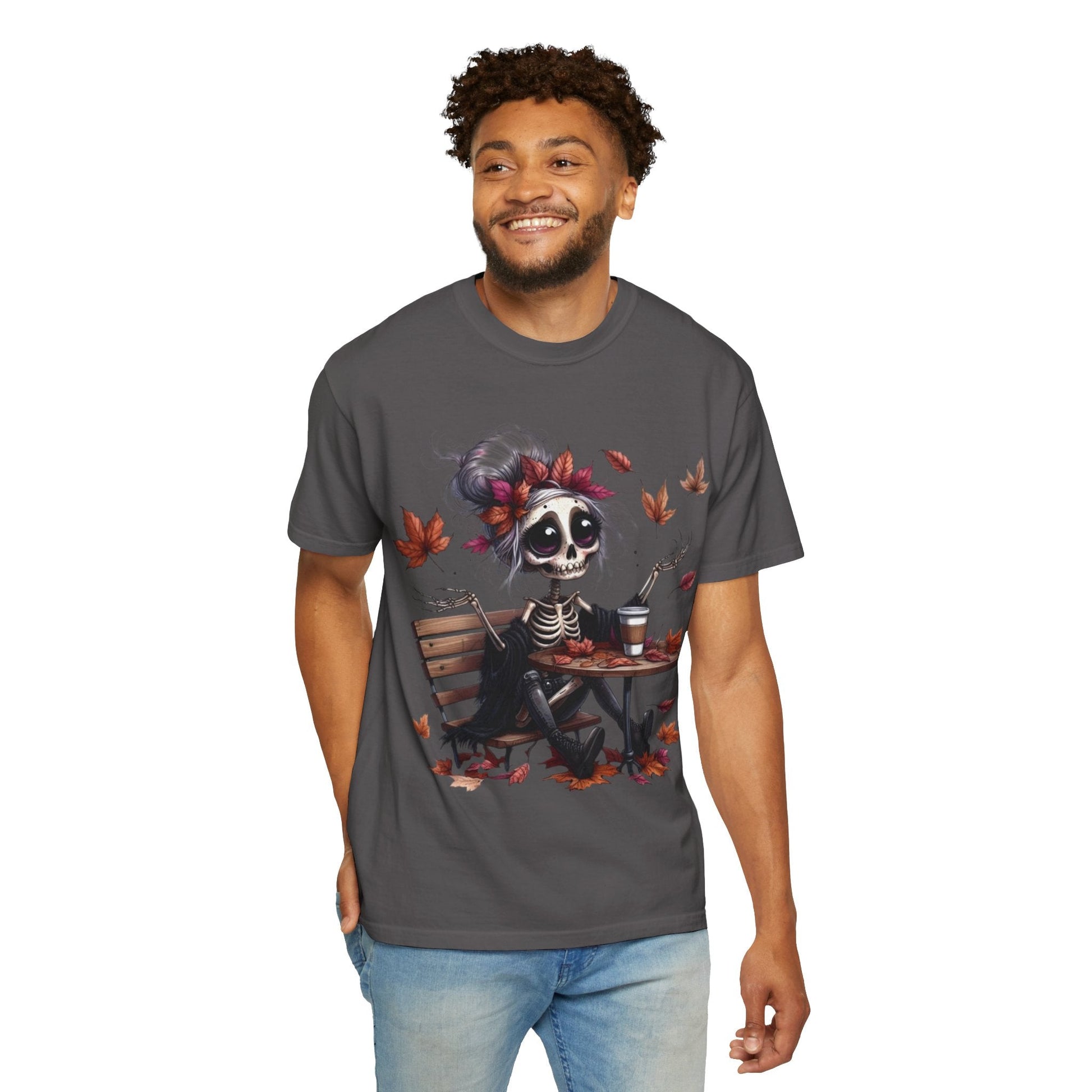 Autumn Vibe Skeleton Tee, Unisex Garment - Dyed T-shirt, Halloween Shirt, Fall Apparel, Skull Graphic Tee, Everyday Casual Wear - Metamorphosis Creations