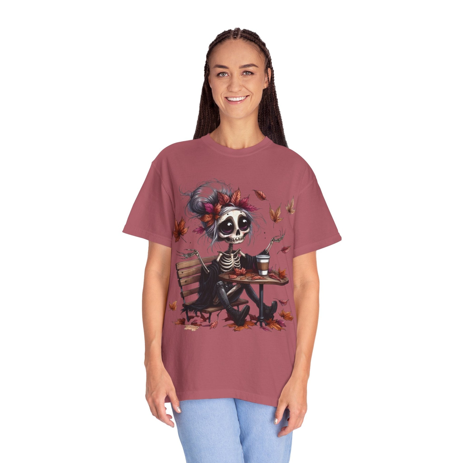 Autumn Vibe Skeleton Tee, Unisex Garment - Dyed T-shirt, Halloween Shirt, Fall Apparel, Skull Graphic Tee, Everyday Casual Wear - Metamorphosis Creations