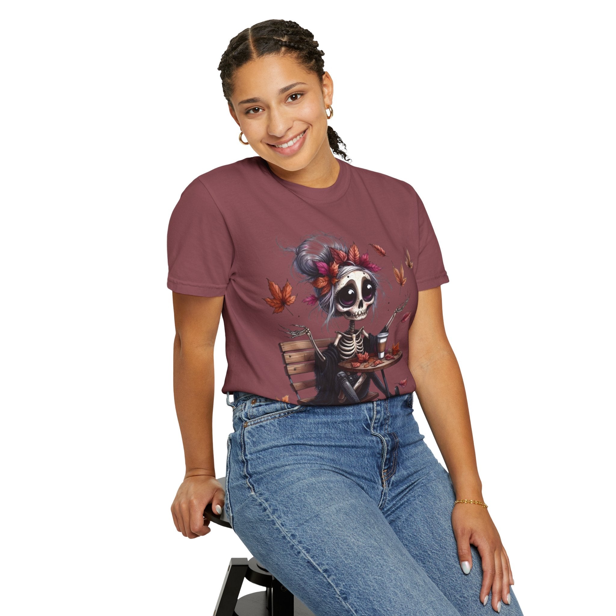 Autumn Vibe Skeleton Tee, Unisex Garment - Dyed T-shirt, Halloween Shirt, Fall Apparel, Skull Graphic Tee, Everyday Casual Wear - Metamorphosis Creations