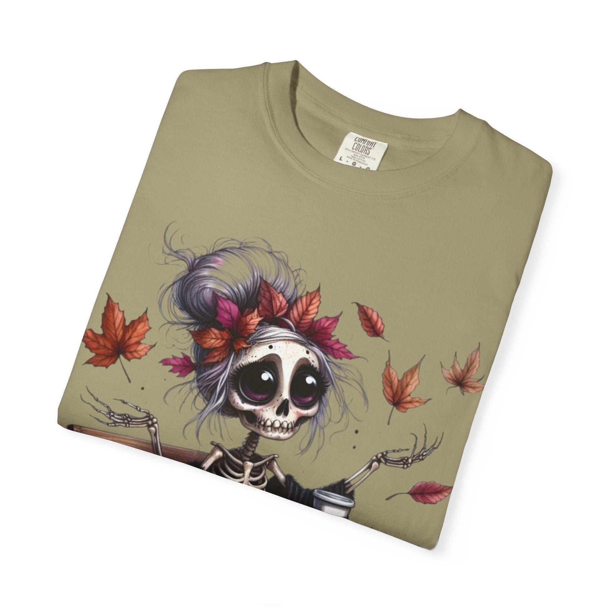 Autumn Vibe Skeleton Tee, Unisex Garment - Dyed T-shirt, Halloween Shirt, Fall Apparel, Skull Graphic Tee, Everyday Casual Wear - Metamorphosis Creations