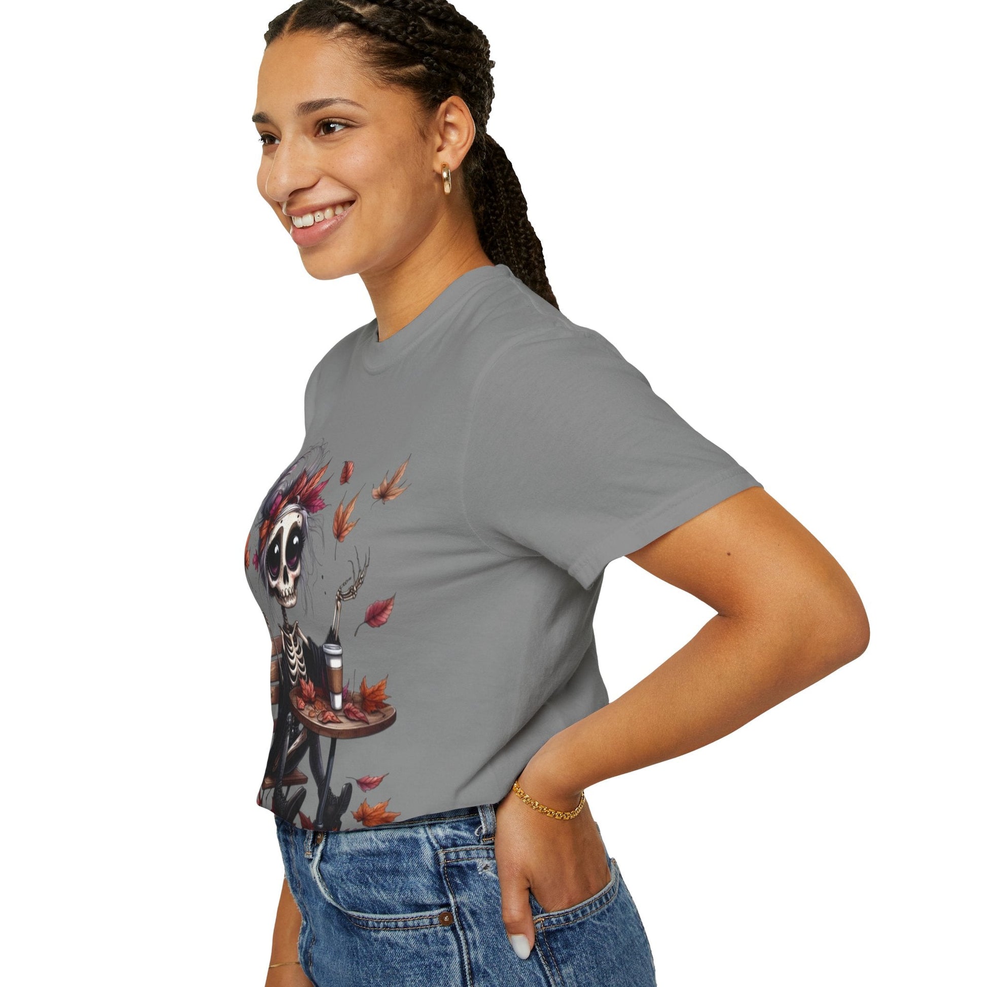 Autumn Vibe Skeleton Tee, Unisex Garment - Dyed T-shirt, Halloween Shirt, Fall Apparel, Skull Graphic Tee, Everyday Casual Wear - Metamorphosis Creations