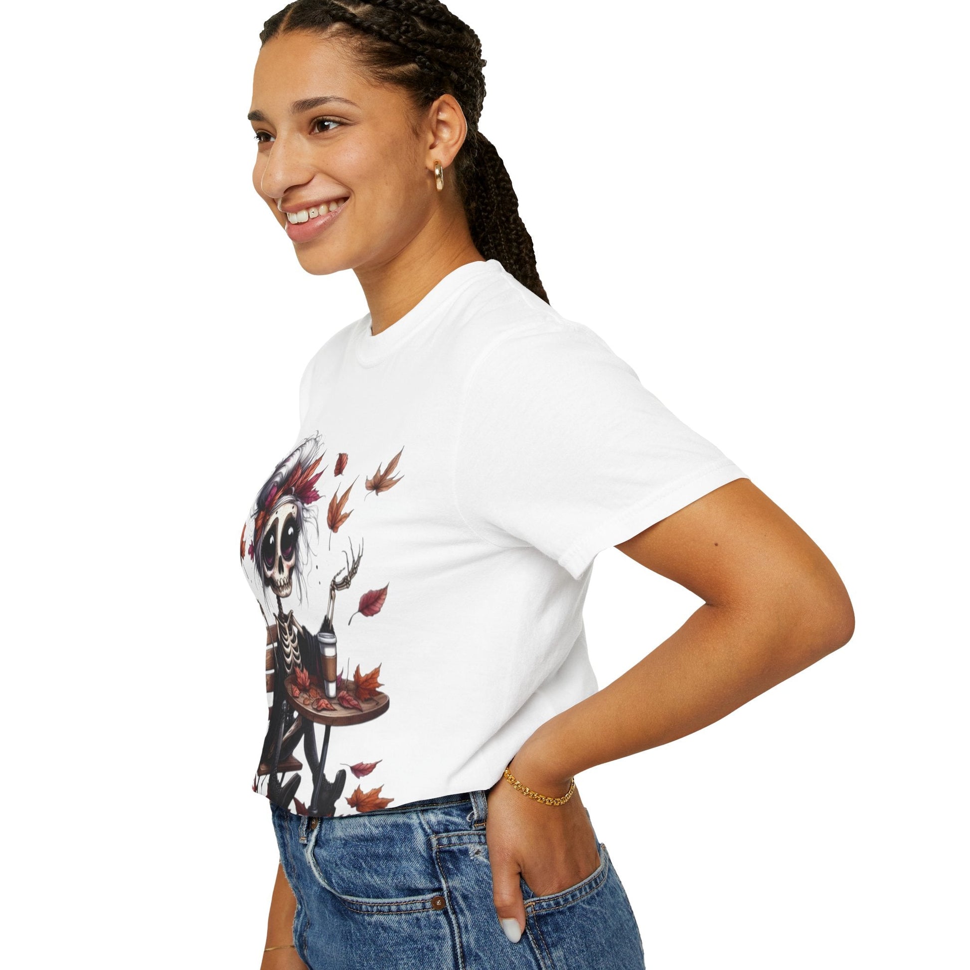 Autumn Vibe Skeleton Tee, Unisex Garment - Dyed T-shirt, Halloween Shirt, Fall Apparel, Skull Graphic Tee, Everyday Casual Wear - Metamorphosis Creations