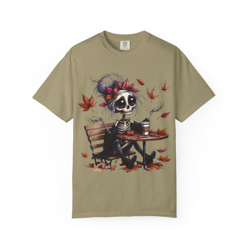 Autumn Vibe Skeleton Tee, Unisex Garment - Dyed T-shirt, Halloween Shirt, Fall Apparel, Skull Graphic Tee, Everyday Casual Wear - Metamorphosis Creations