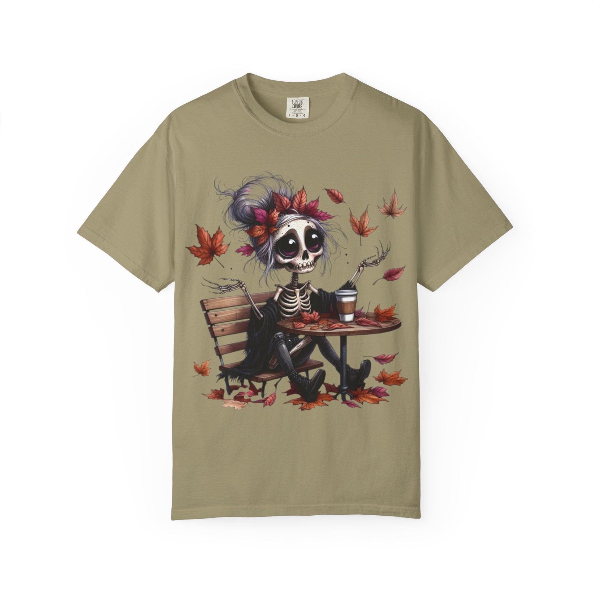 Autumn Vibe Skeleton Tee, Unisex Garment - Dyed T-shirt, Halloween Shirt, Fall Apparel, Skull Graphic Tee, Everyday Casual Wear - Metamorphosis Creations