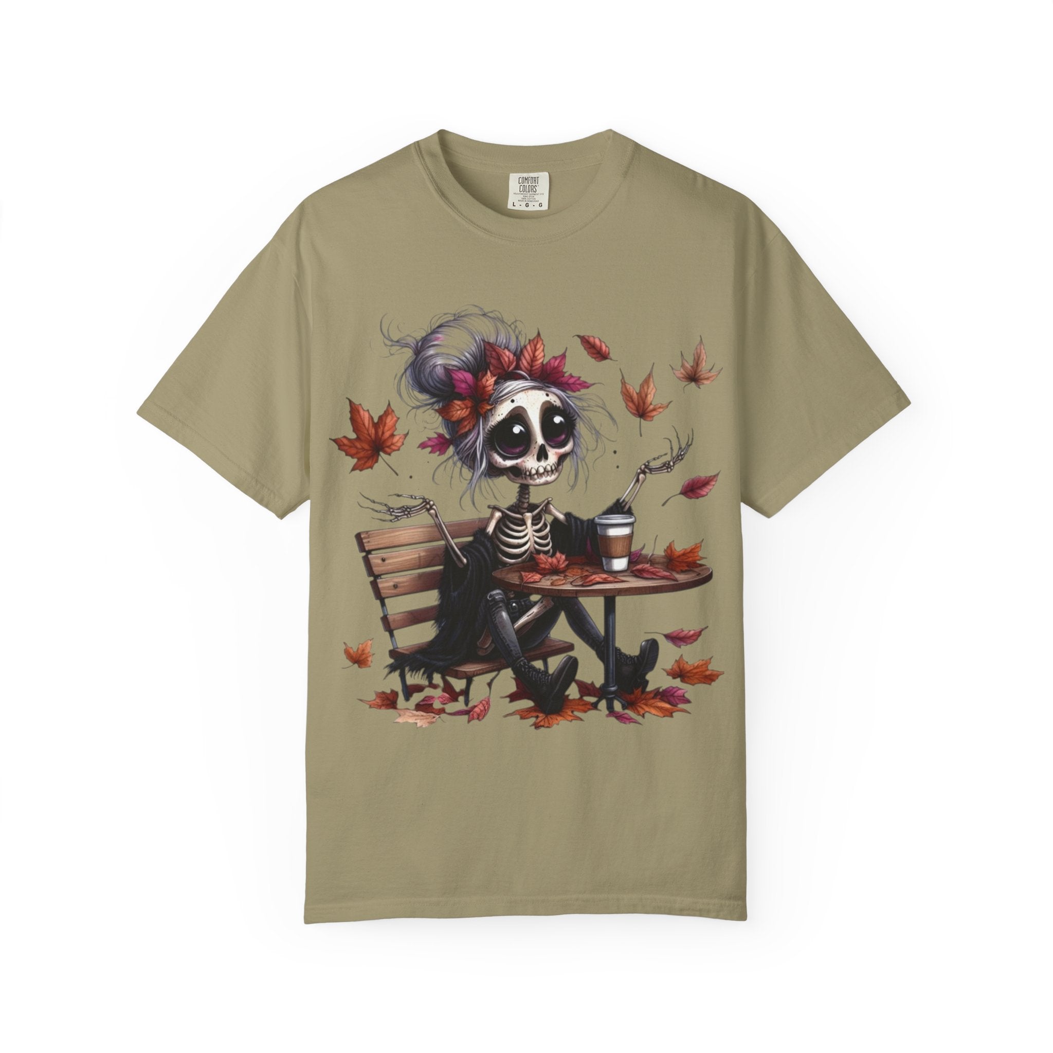 Autumn Vibe Skeleton Tee, Unisex Garment - Dyed T-shirt, Halloween Shirt, Fall Apparel, Skull Graphic Tee, Everyday Casual Wear - Metamorphosis Creations