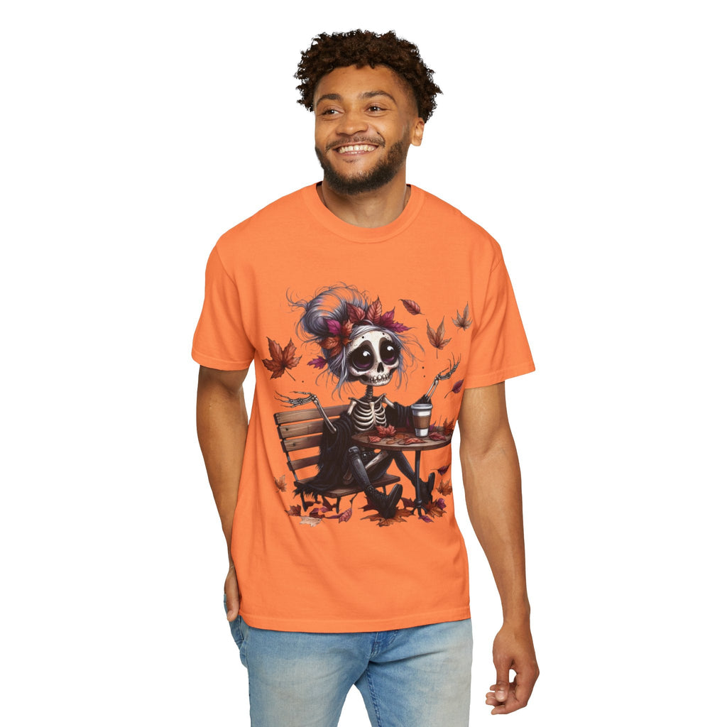 Autumn Vibe Skeleton Tee, Unisex Garment - Dyed T-shirt, Halloween Shirt, Fall Apparel, Skull Graphic Tee, Everyday Casual Wear - Metamorphosis Creations