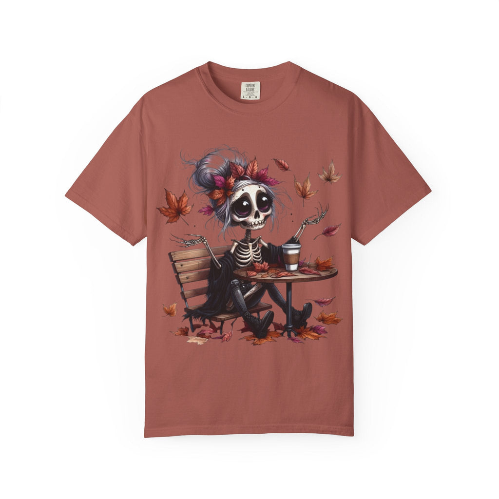 Autumn Vibe Skeleton Tee, Unisex Garment - Dyed T-shirt, Halloween Shirt, Fall Apparel, Skull Graphic Tee, Everyday Casual Wear - Metamorphosis Creations
