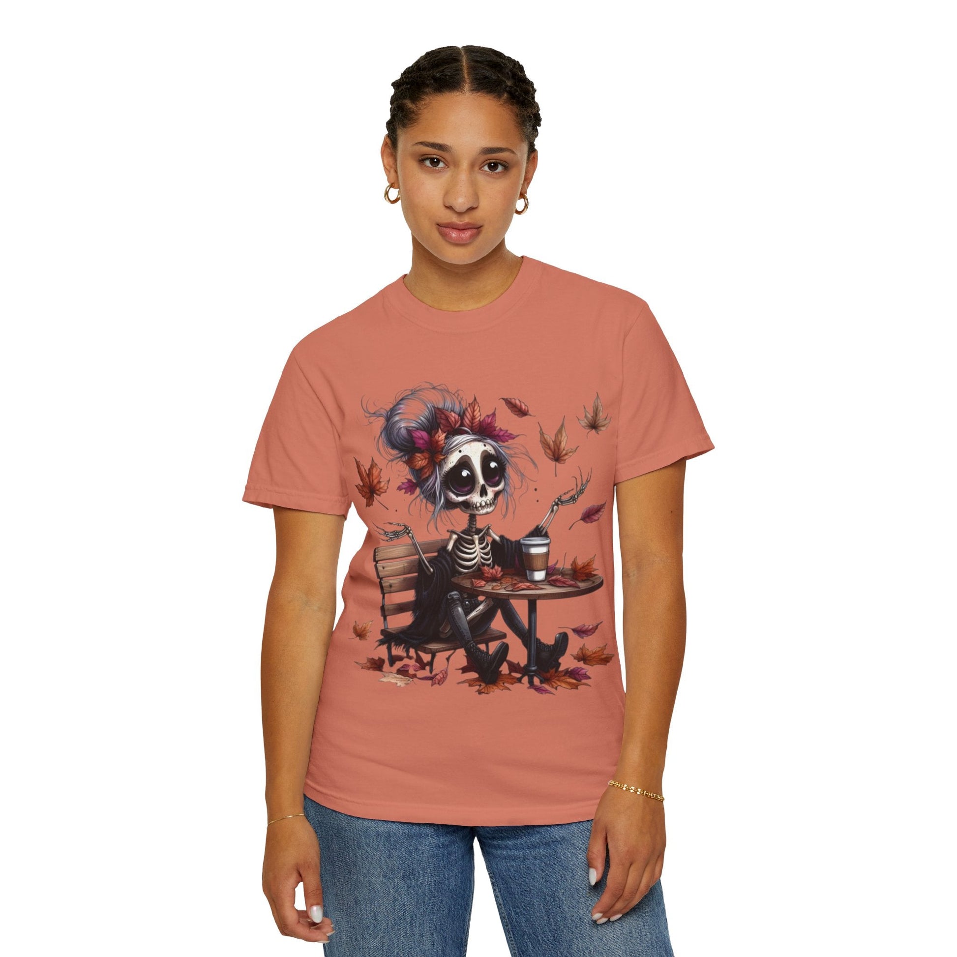 Autumn Vibe Skeleton Tee, Unisex Garment - Dyed T-shirt, Halloween Shirt, Fall Apparel, Skull Graphic Tee, Everyday Casual Wear - Metamorphosis Creations