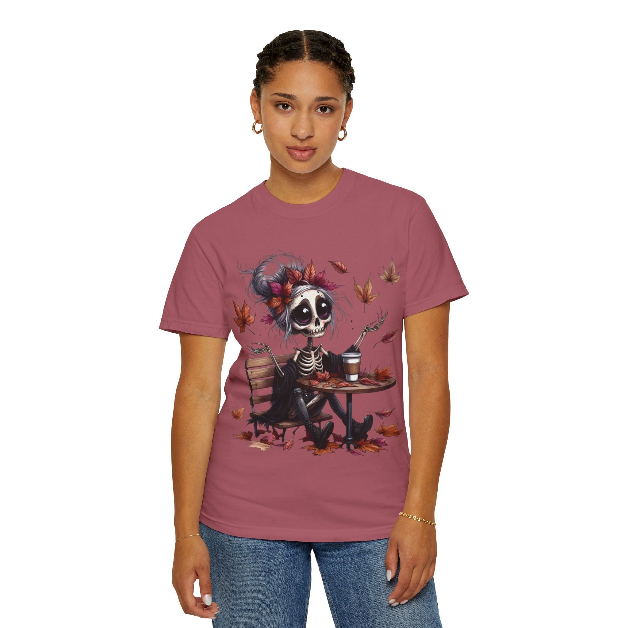 Autumn Vibe Skeleton Tee, Unisex Garment - Dyed T-shirt, Halloween Shirt, Fall Apparel, Skull Graphic Tee, Everyday Casual Wear - Metamorphosis Creations