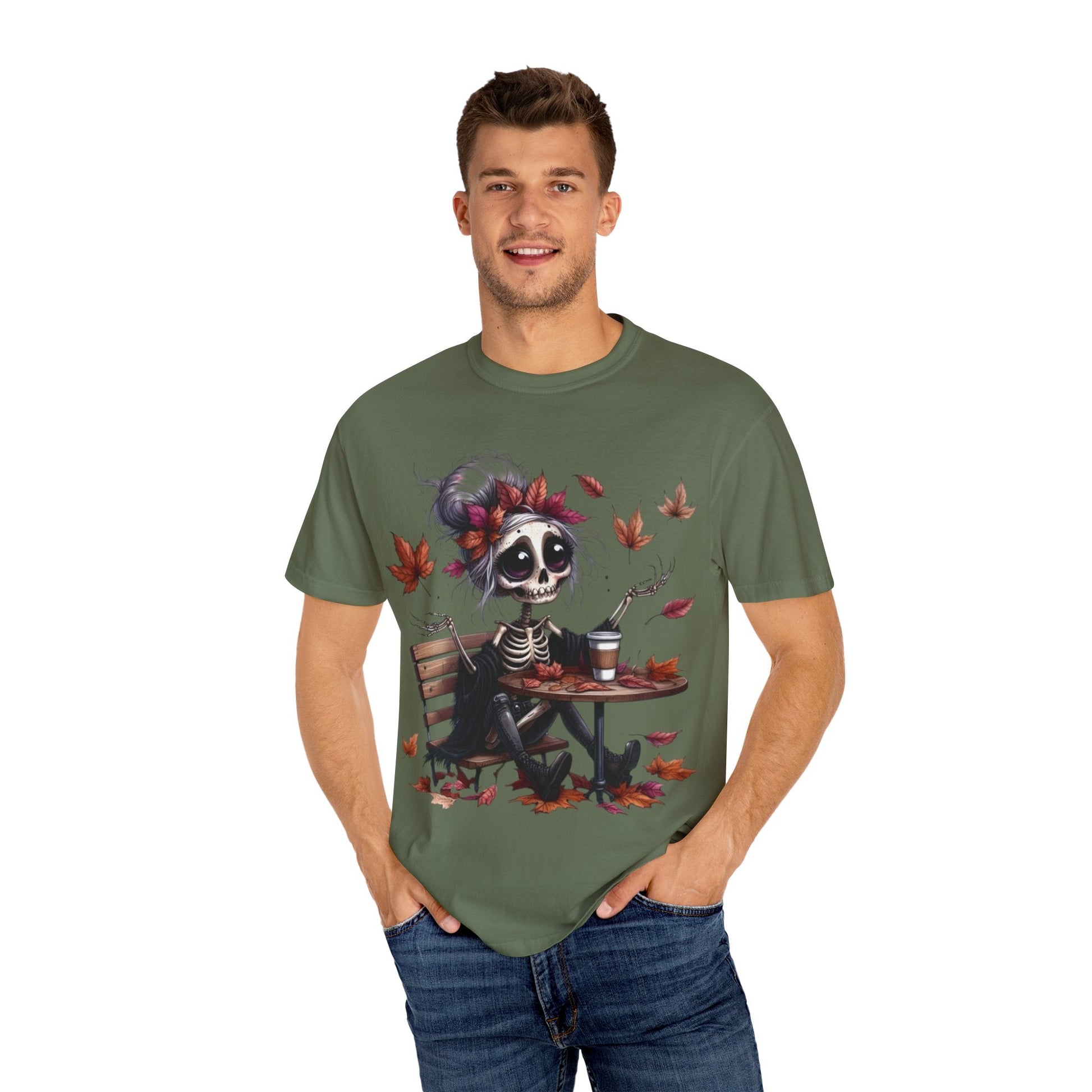 Autumn Vibe Skeleton Tee, Unisex Garment - Dyed T-shirt, Halloween Shirt, Fall Apparel, Skull Graphic Tee, Everyday Casual Wear - Metamorphosis Creations