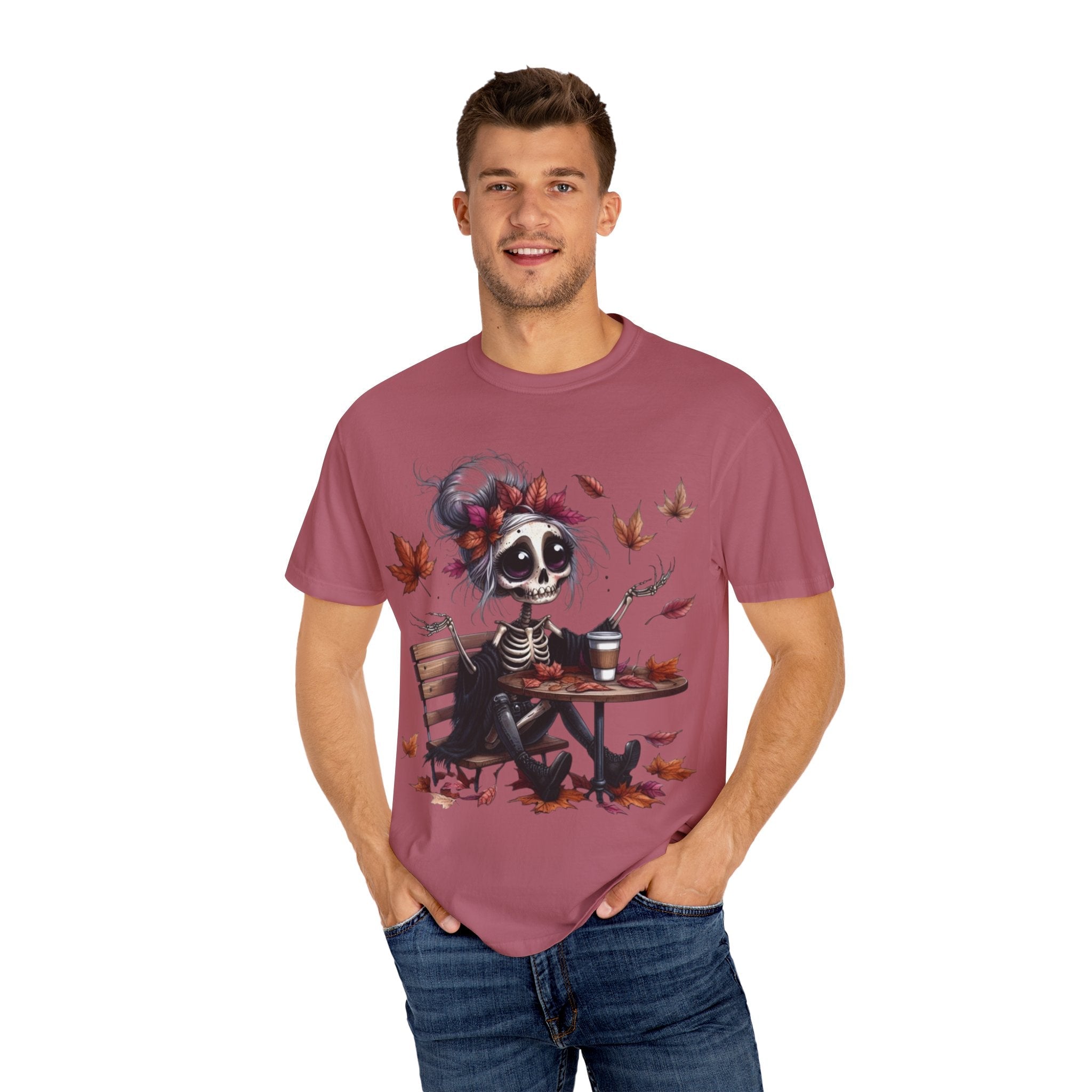 Autumn Vibe Skeleton Tee, Unisex Garment - Dyed T-shirt, Halloween Shirt, Fall Apparel, Skull Graphic Tee, Everyday Casual Wear - Metamorphosis Creations