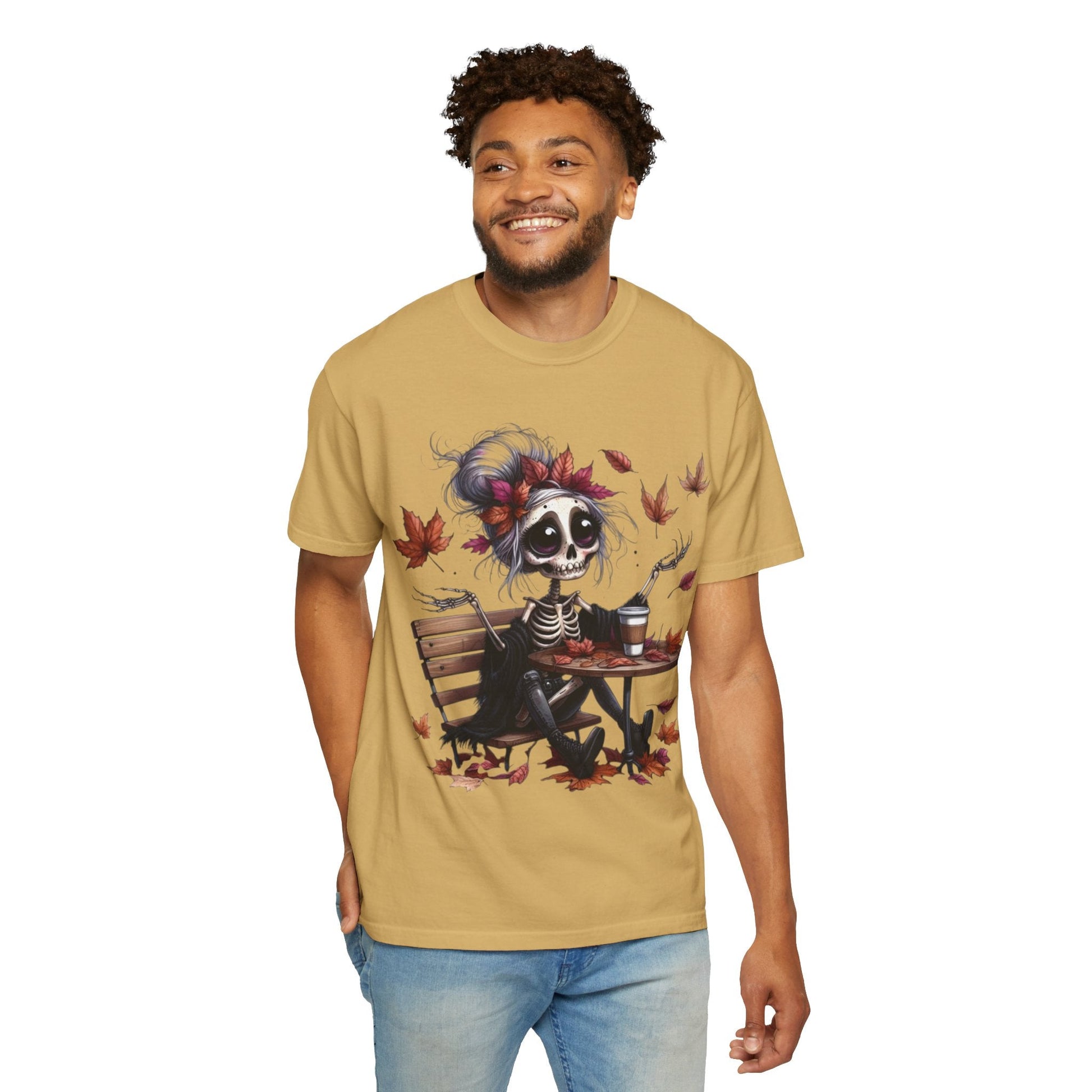 Autumn Vibe Skeleton Tee, Unisex Garment - Dyed T-shirt, Halloween Shirt, Fall Apparel, Skull Graphic Tee, Everyday Casual Wear - Metamorphosis Creations
