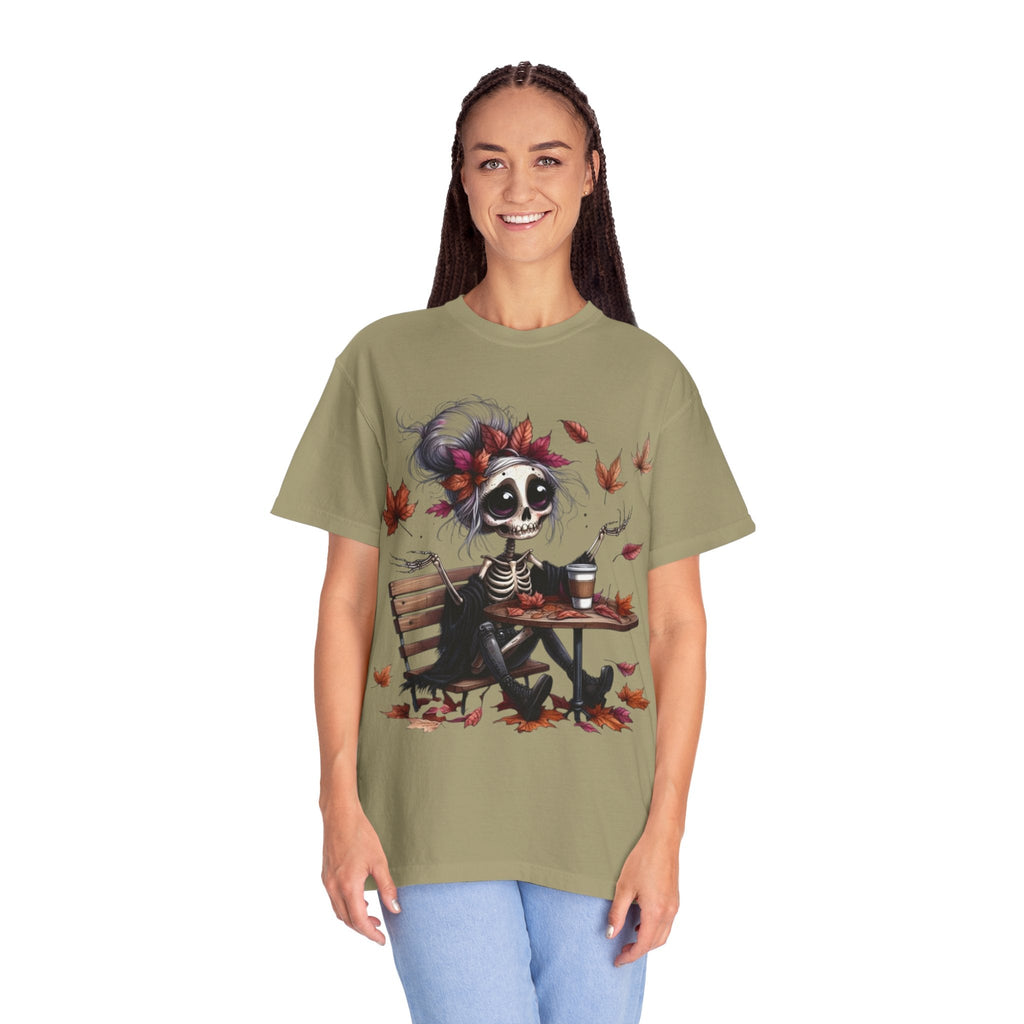 Autumn Vibe Skeleton Tee, Unisex Garment - Dyed T-shirt, Halloween Shirt, Fall Apparel, Skull Graphic Tee, Everyday Casual Wear - Metamorphosis Creations