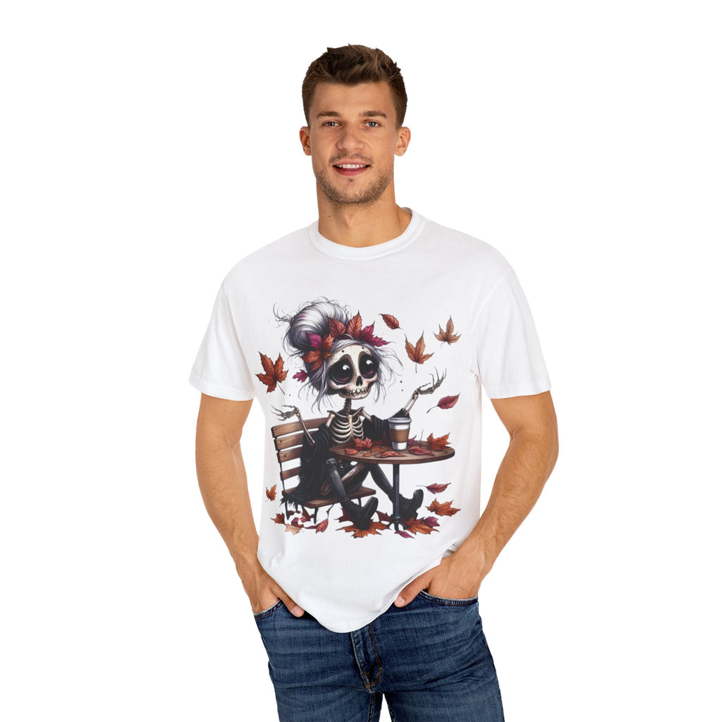 Autumn Vibe Skeleton Tee, Unisex Garment - Dyed T-shirt, Halloween Shirt, Fall Apparel, Skull Graphic Tee, Everyday Casual Wear - Metamorphosis Creations