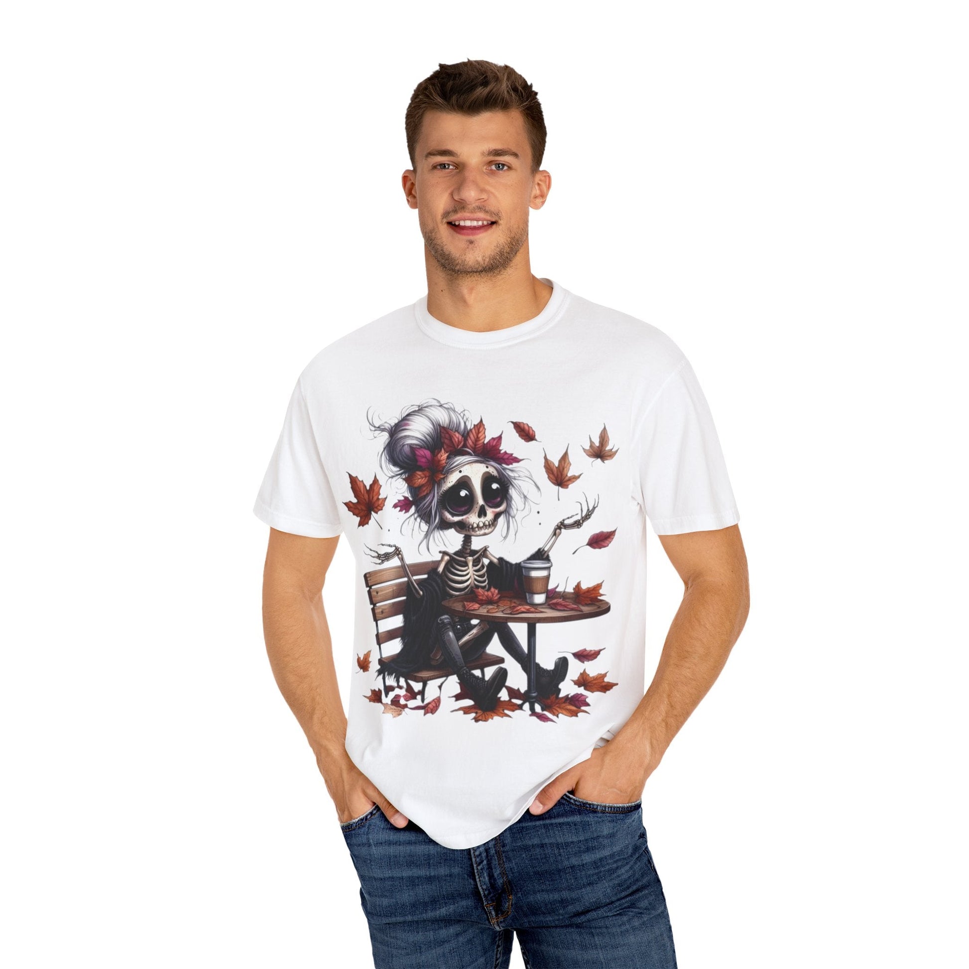 Autumn Vibe Skeleton Tee, Unisex Garment - Dyed T-shirt, Halloween Shirt, Fall Apparel, Skull Graphic Tee, Everyday Casual Wear - Metamorphosis Creations