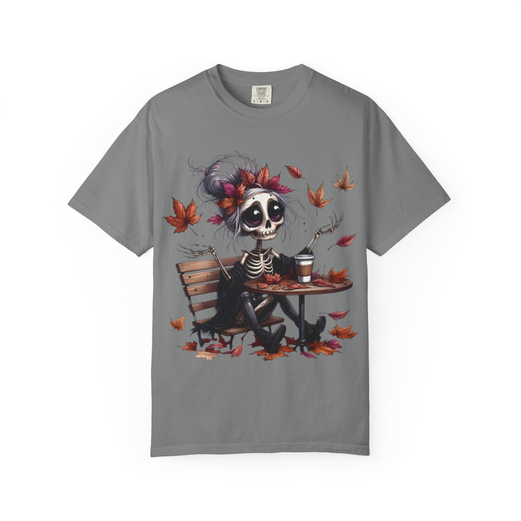 Autumn Vibe Skeleton Tee, Unisex Garment - Dyed T-shirt, Halloween Shirt, Fall Apparel, Skull Graphic Tee, Everyday Casual Wear - Metamorphosis Creations