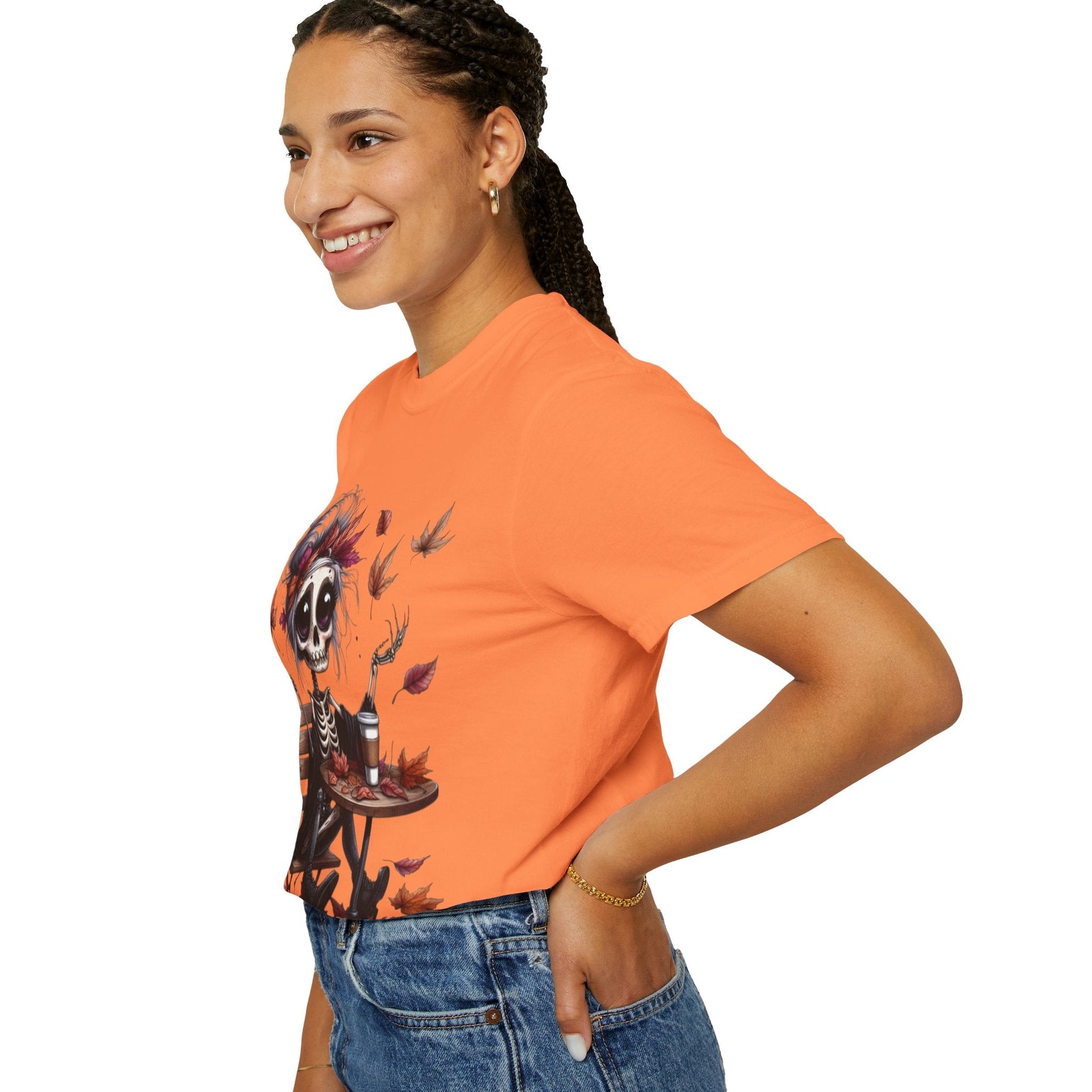 Autumn Vibe Skeleton Tee, Unisex Garment - Dyed T-shirt, Halloween Shirt, Fall Apparel, Skull Graphic Tee, Everyday Casual Wear - Metamorphosis Creations