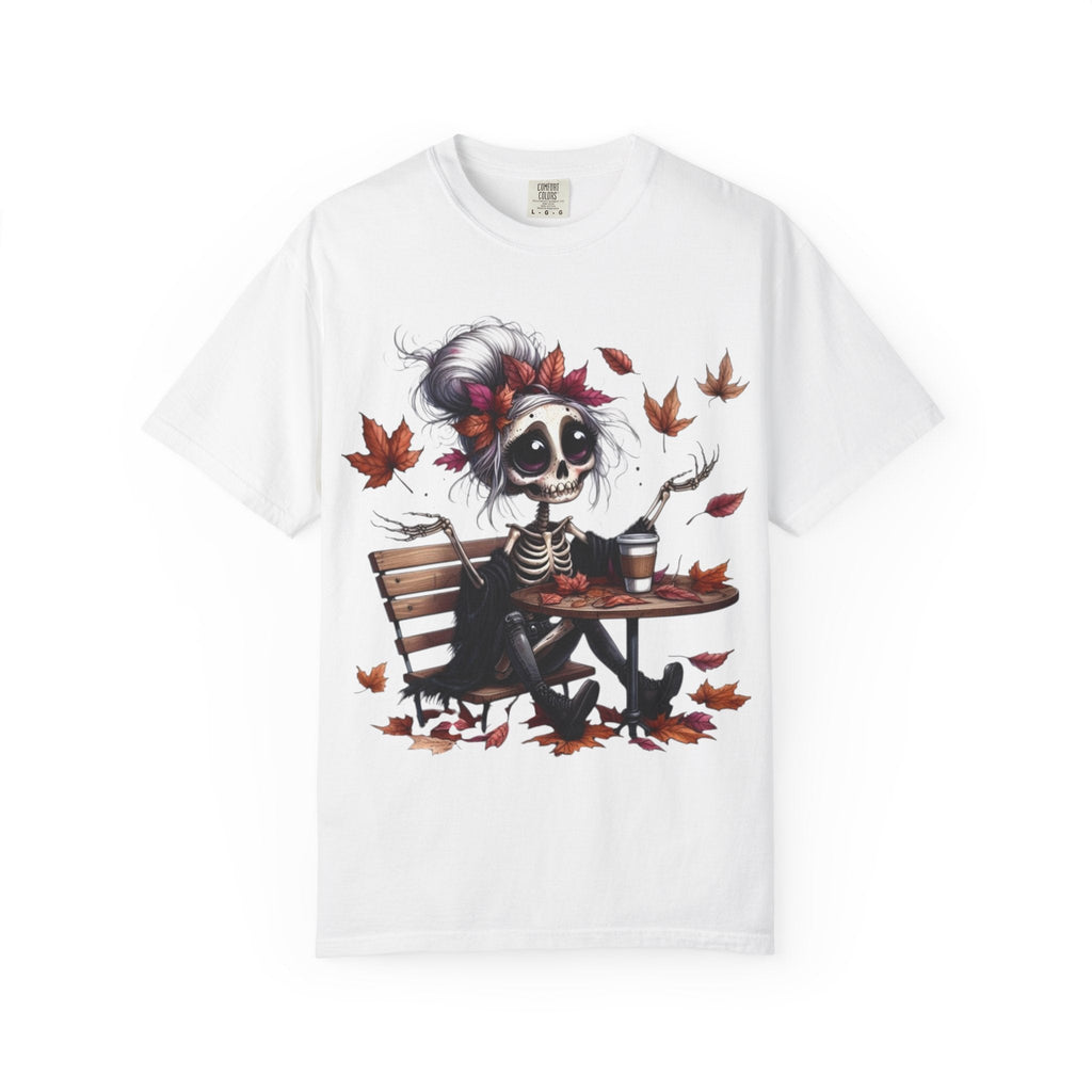 Autumn Vibe Skeleton Tee, Unisex Garment - Dyed T-shirt, Halloween Shirt, Fall Apparel, Skull Graphic Tee, Everyday Casual Wear - Metamorphosis Creations