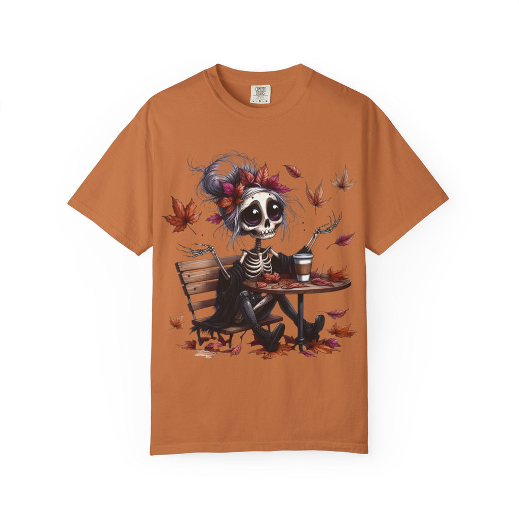 Autumn Vibe Skeleton Tee, Unisex Garment - Dyed T-shirt, Halloween Shirt, Fall Apparel, Skull Graphic Tee, Everyday Casual Wear - Metamorphosis Creations