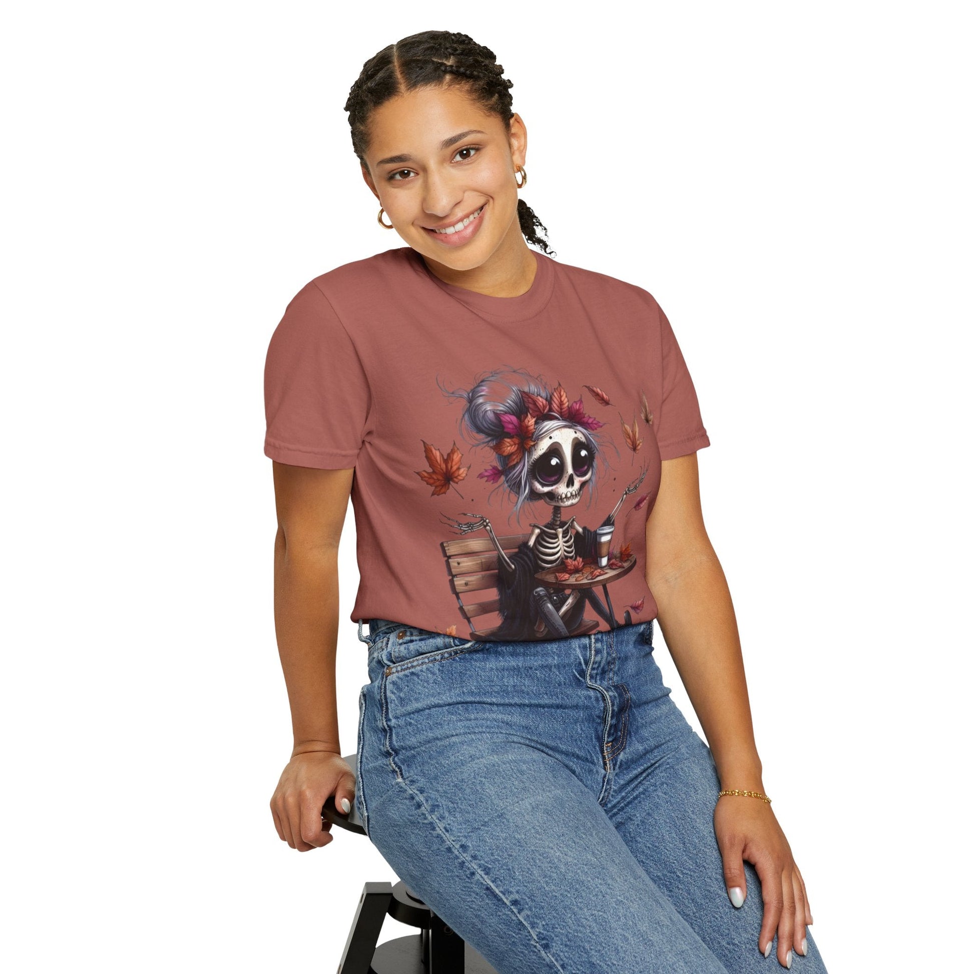Autumn Vibe Skeleton Tee, Unisex Garment - Dyed T-shirt, Halloween Shirt, Fall Apparel, Skull Graphic Tee, Everyday Casual Wear - Metamorphosis Creations