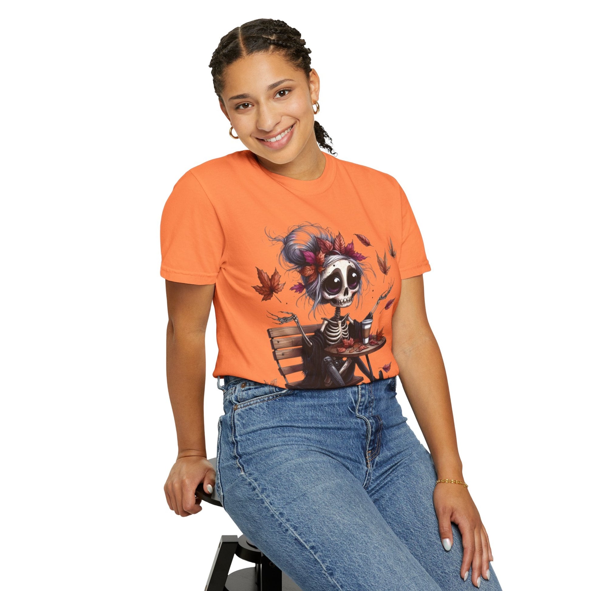 Autumn Vibe Skeleton Tee, Unisex Garment - Dyed T-shirt, Halloween Shirt, Fall Apparel, Skull Graphic Tee, Everyday Casual Wear - Metamorphosis Creations