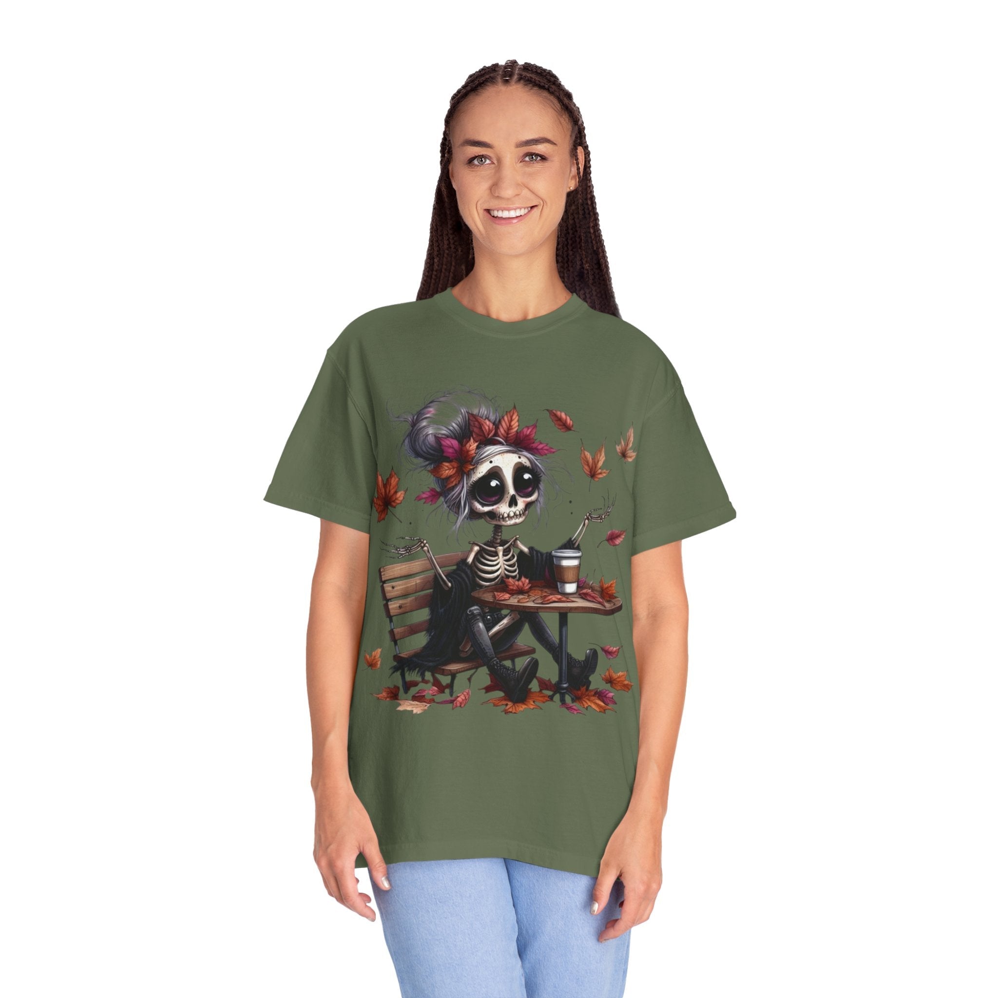 Autumn Vibe Skeleton Tee, Unisex Garment - Dyed T-shirt, Halloween Shirt, Fall Apparel, Skull Graphic Tee, Everyday Casual Wear - Metamorphosis Creations