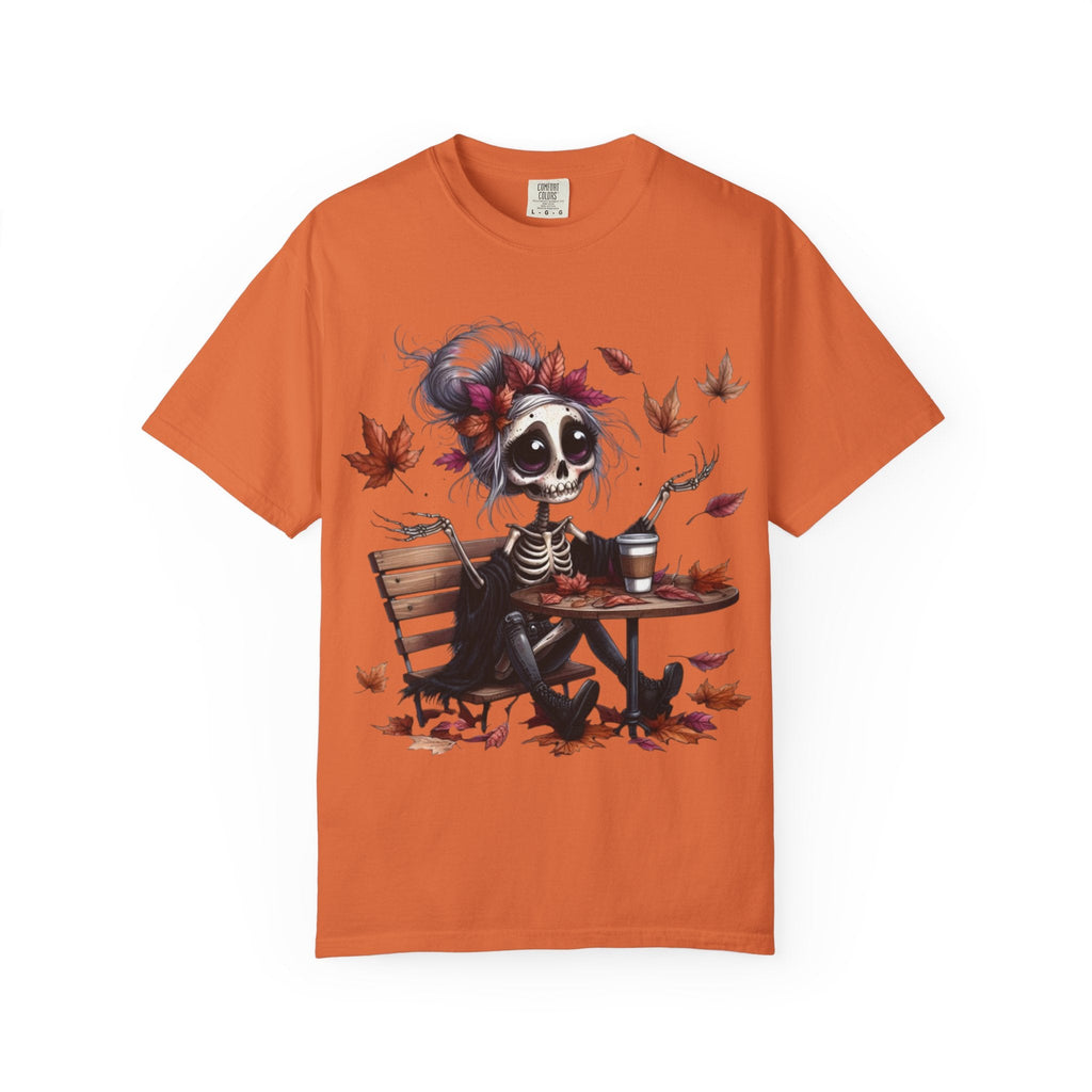 Autumn Vibe Skeleton Tee, Unisex Garment - Dyed T-shirt, Halloween Shirt, Fall Apparel, Skull Graphic Tee, Everyday Casual Wear - Metamorphosis Creations