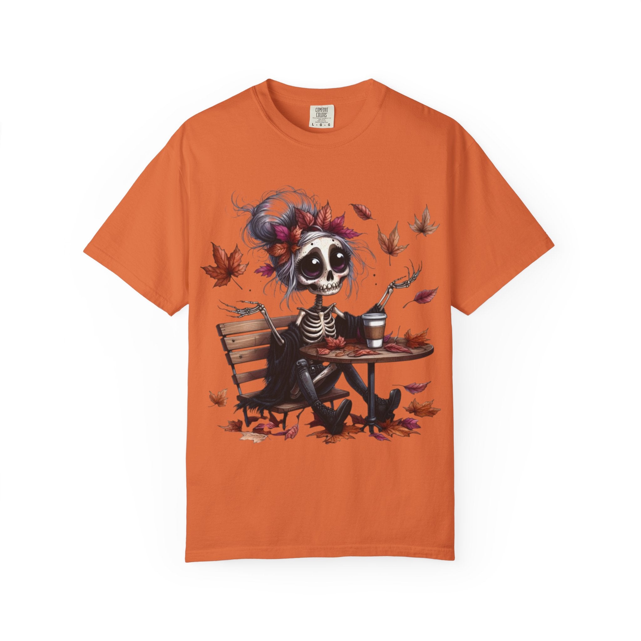 Autumn Vibe Skeleton Tee, Unisex Garment - Dyed T-shirt, Halloween Shirt, Fall Apparel, Skull Graphic Tee, Everyday Casual Wear - Metamorphosis Creations