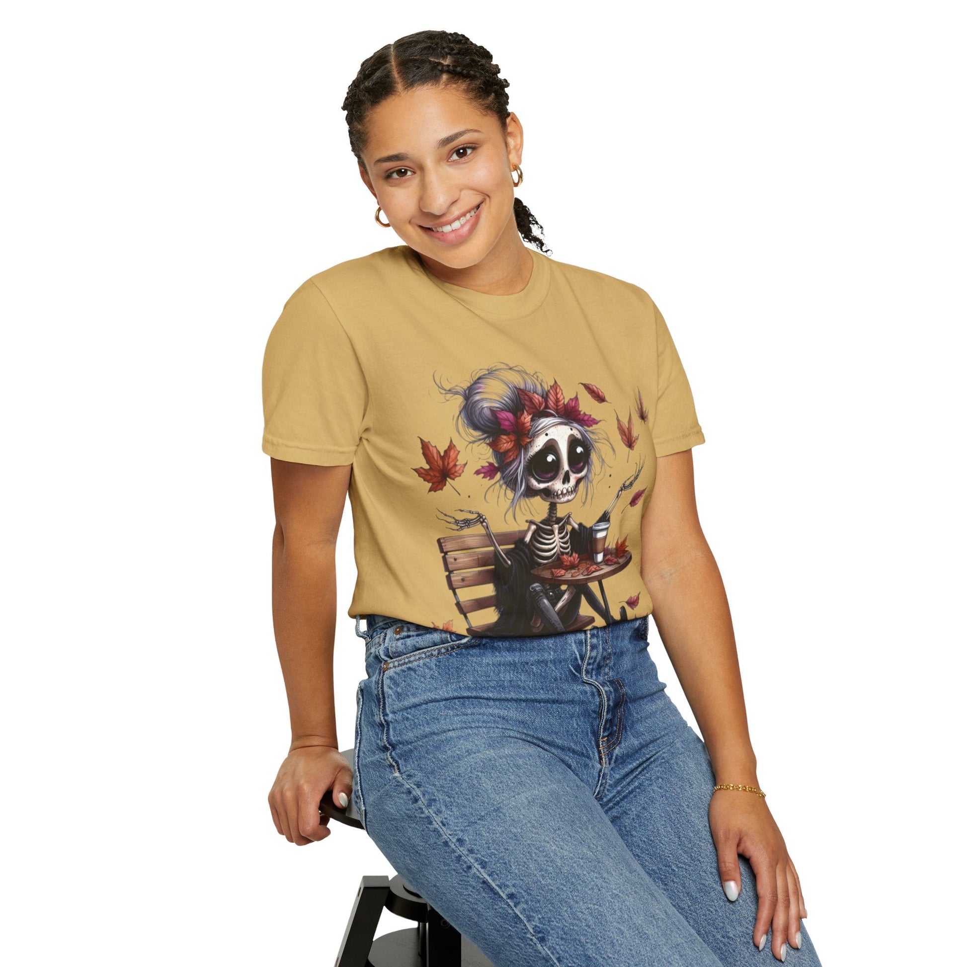 Autumn Vibe Skeleton Tee, Unisex Garment - Dyed T-shirt, Halloween Shirt, Fall Apparel, Skull Graphic Tee, Everyday Casual Wear - Metamorphosis Creations
