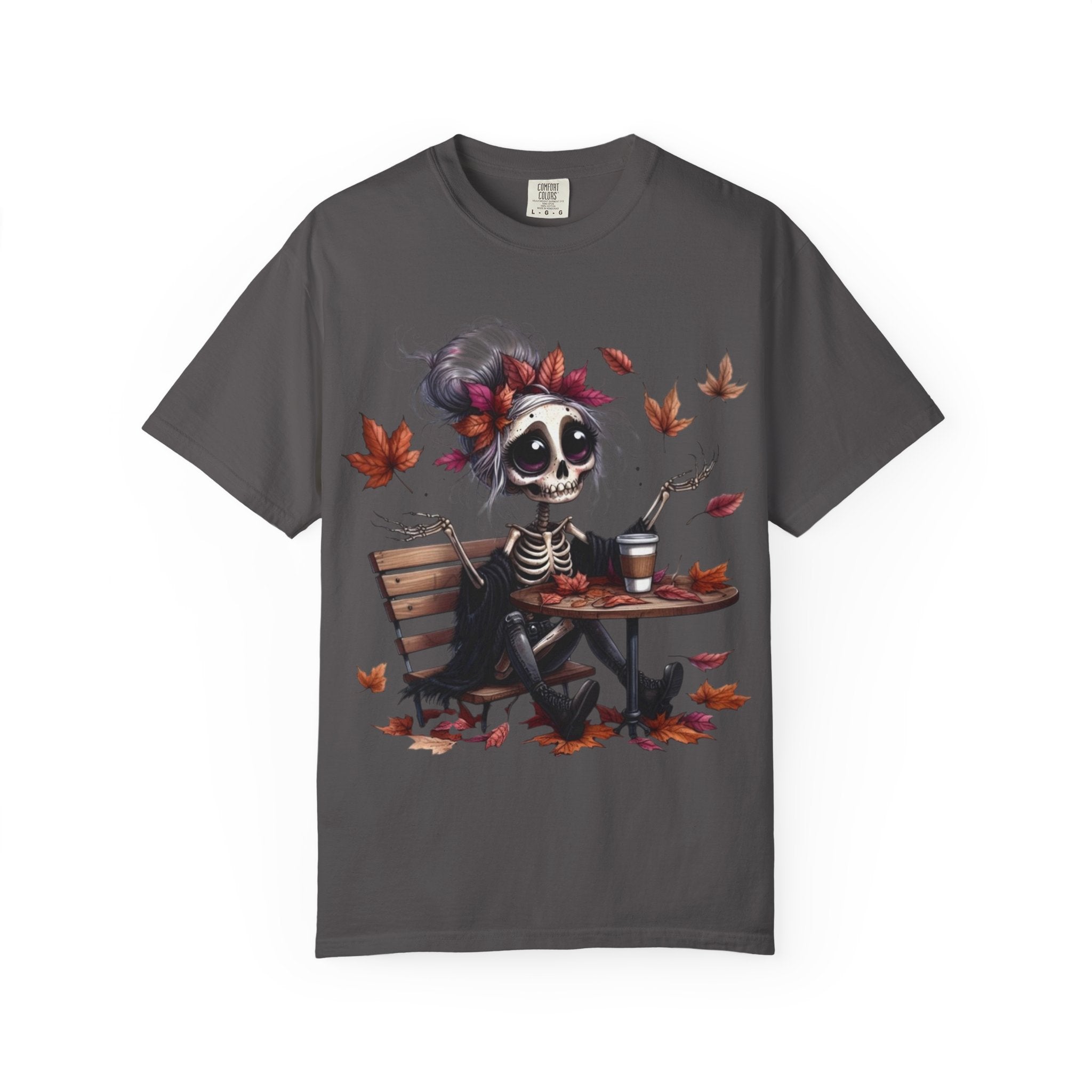Autumn Vibe Skeleton Tee, Unisex Garment - Dyed T-shirt, Halloween Shirt, Fall Apparel, Skull Graphic Tee, Everyday Casual Wear - Metamorphosis Creations