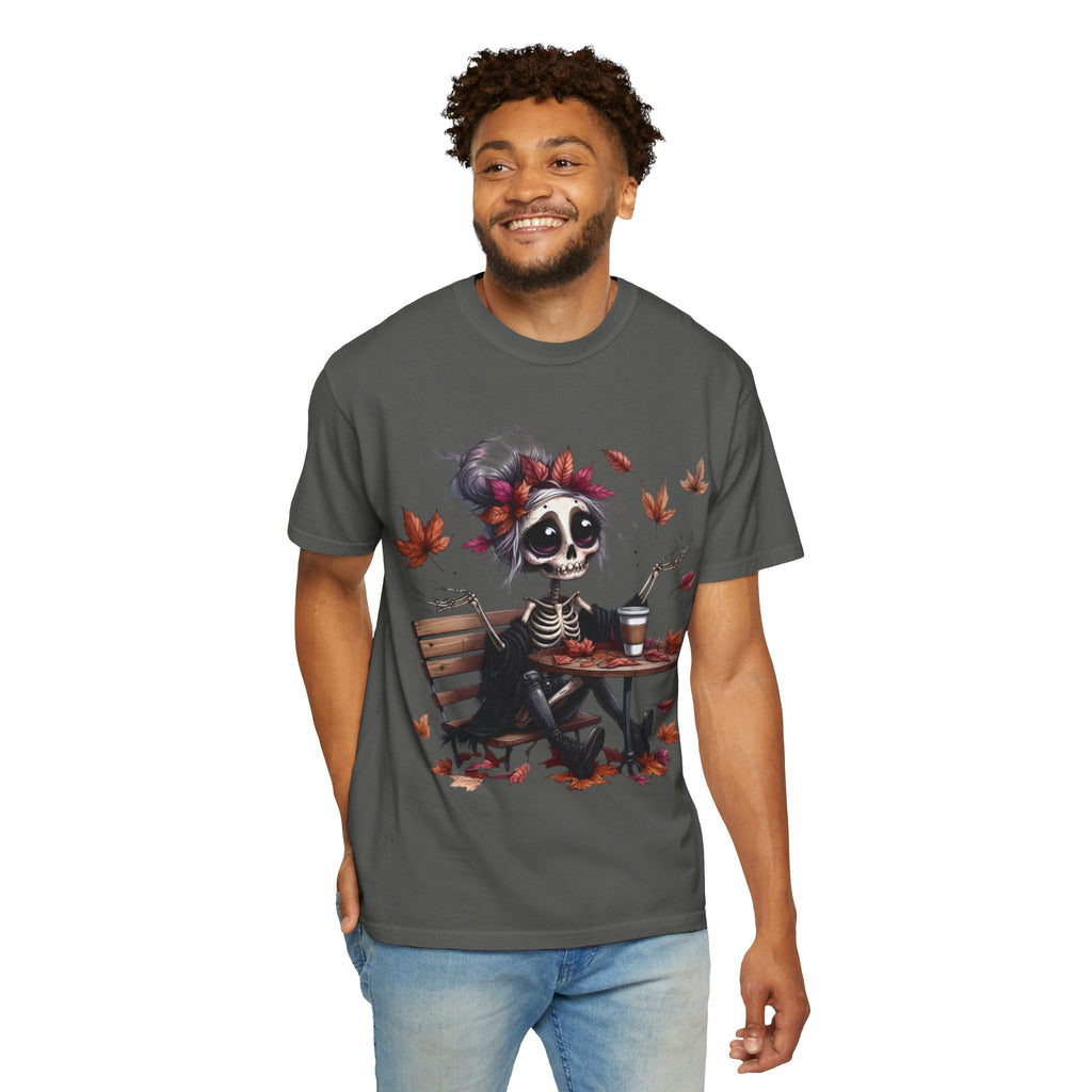Autumn Vibe Skeleton Tee, Unisex Garment - Dyed T-shirt, Halloween Shirt, Fall Apparel, Skull Graphic Tee, Everyday Casual Wear - Metamorphosis Creations