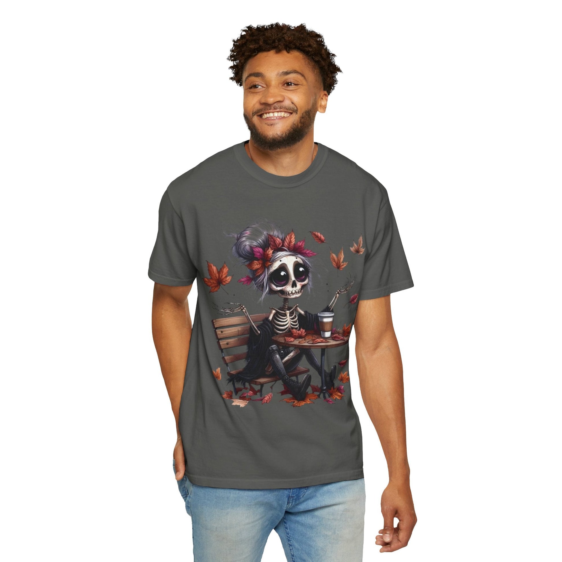 Autumn Vibe Skeleton Tee, Unisex Garment - Dyed T-shirt, Halloween Shirt, Fall Apparel, Skull Graphic Tee, Everyday Casual Wear - Metamorphosis Creations