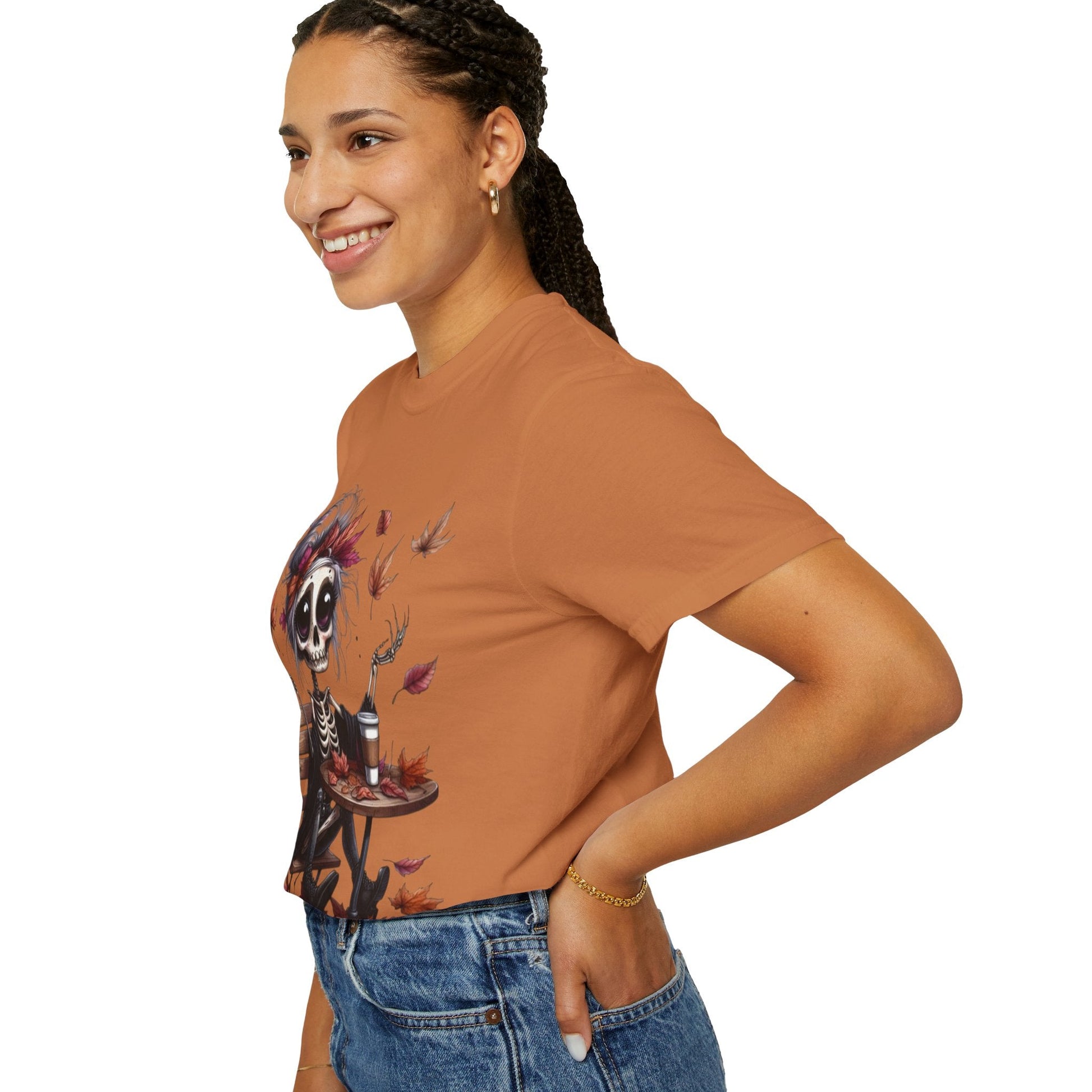 Autumn Vibe Skeleton Tee, Unisex Garment - Dyed T-shirt, Halloween Shirt, Fall Apparel, Skull Graphic Tee, Everyday Casual Wear - Metamorphosis Creations