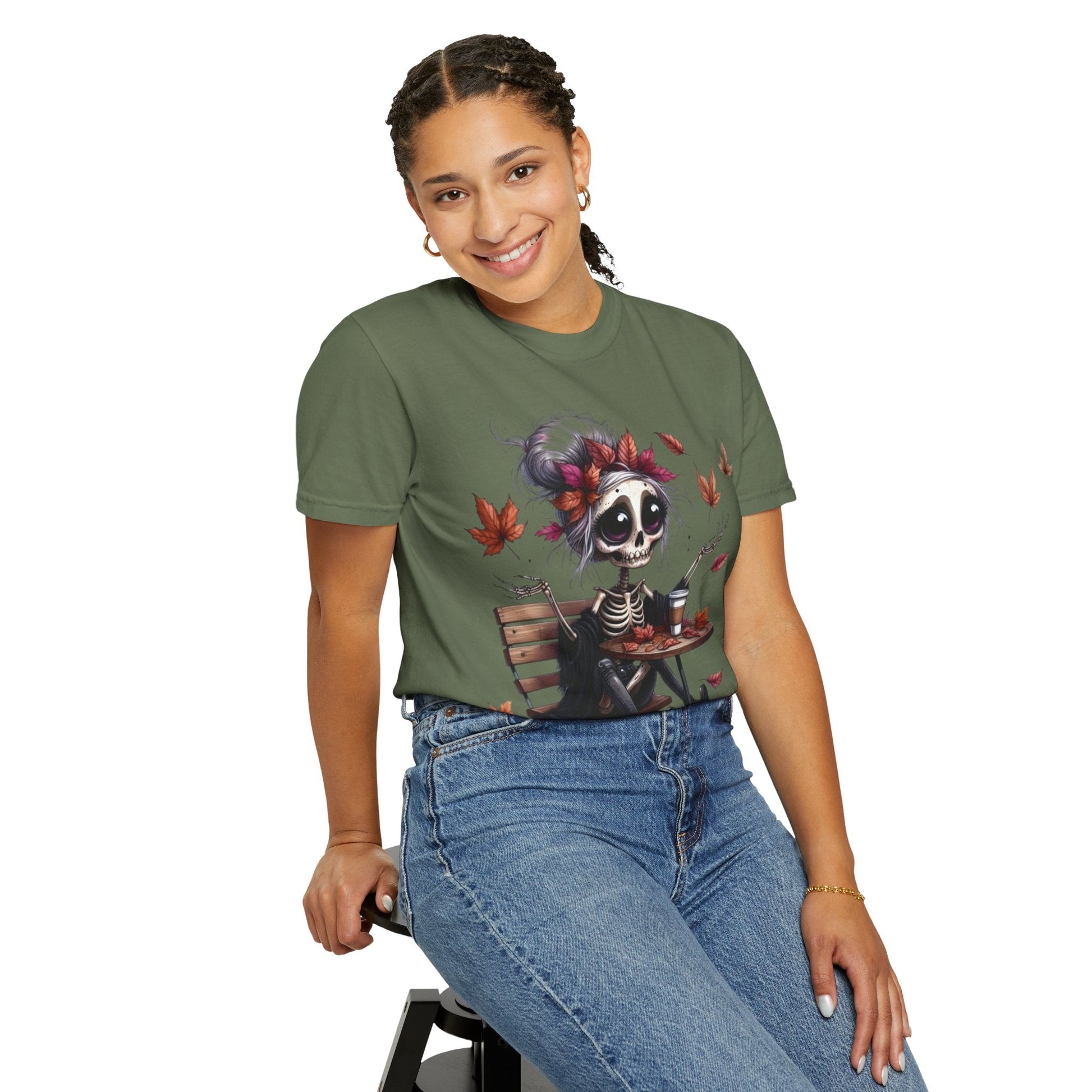 Autumn Vibe Skeleton Tee, Unisex Garment - Dyed T-shirt, Halloween Shirt, Fall Apparel, Skull Graphic Tee, Everyday Casual Wear - Metamorphosis Creations