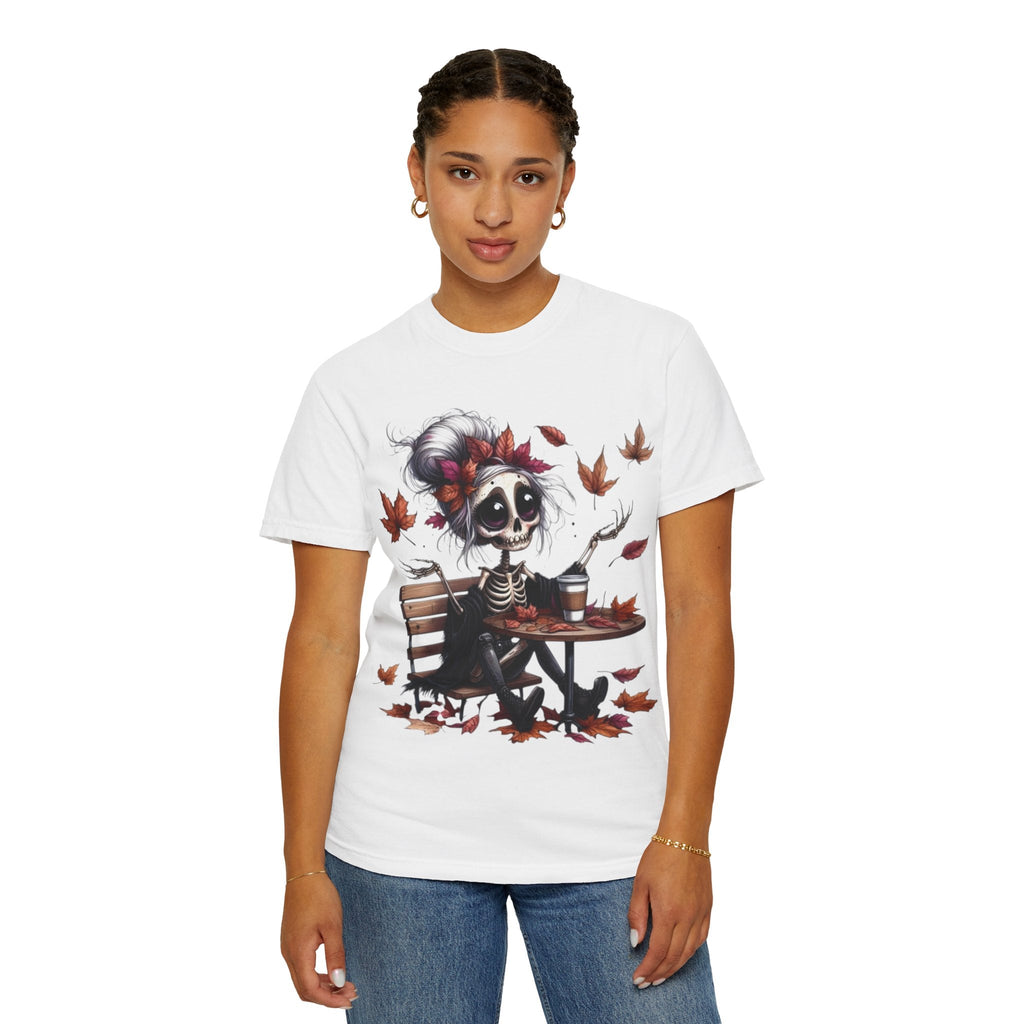 Autumn Vibe Skeleton Tee, Unisex Garment - Dyed T-shirt, Halloween Shirt, Fall Apparel, Skull Graphic Tee, Everyday Casual Wear - Metamorphosis Creations