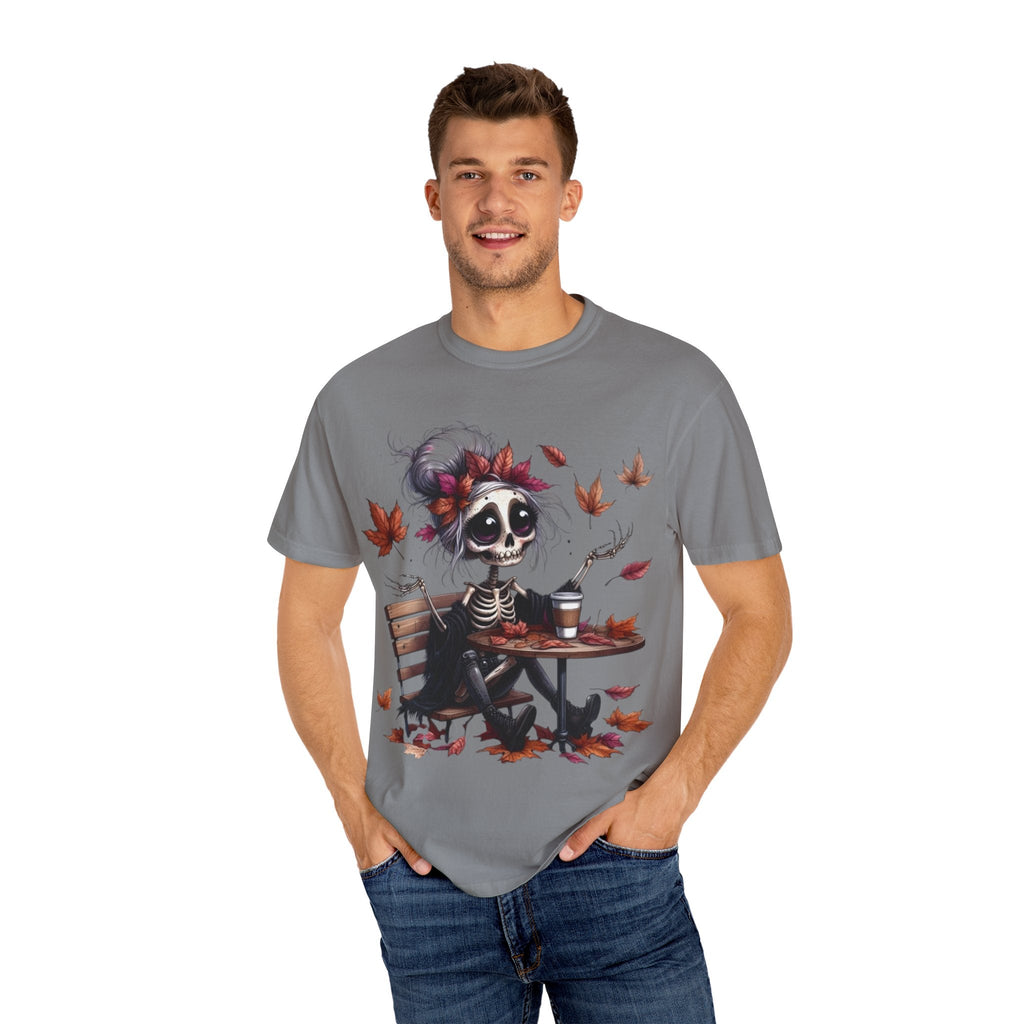 Autumn Vibe Skeleton Tee, Unisex Garment - Dyed T-shirt, Halloween Shirt, Fall Apparel, Skull Graphic Tee, Everyday Casual Wear - Metamorphosis Creations