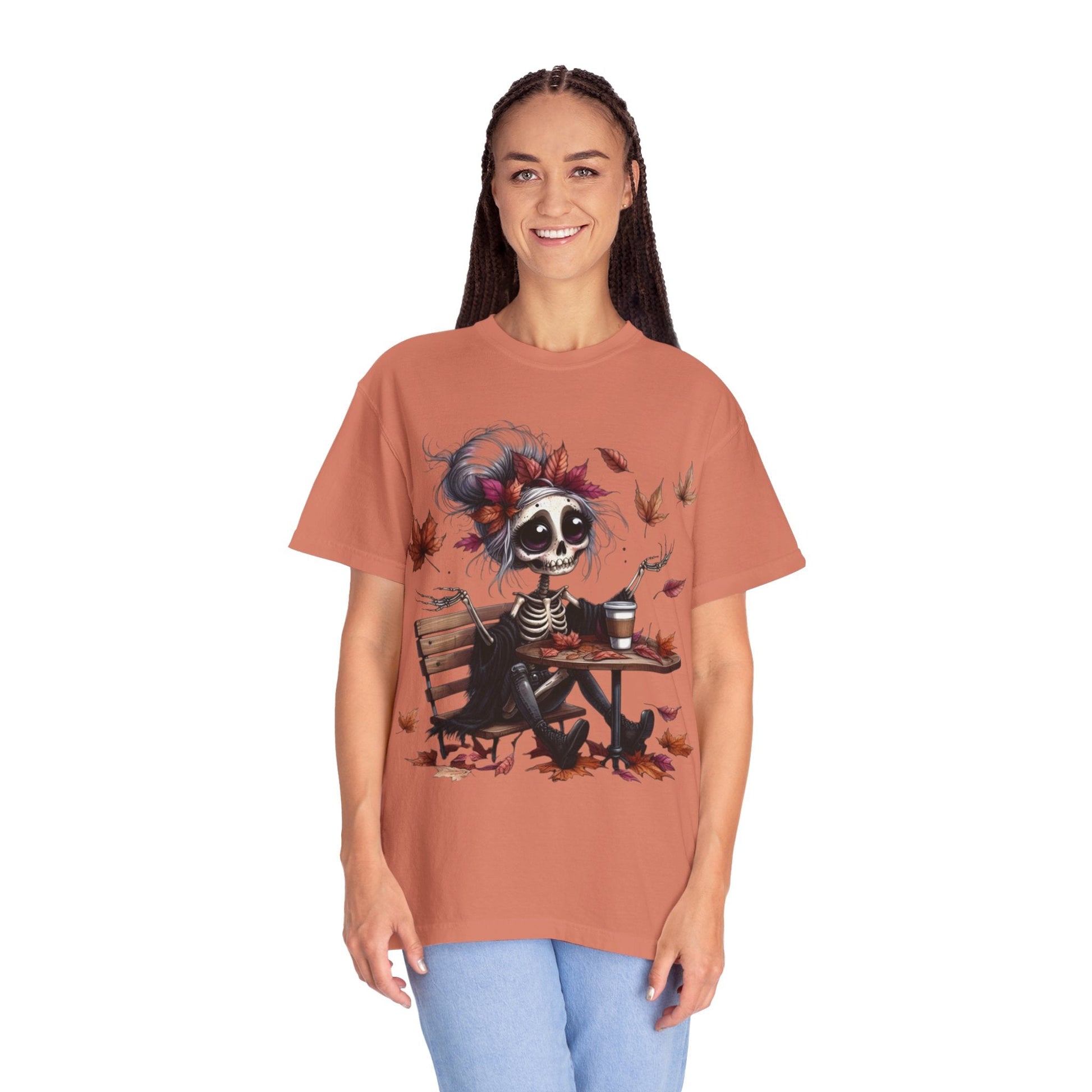 Autumn Vibe Skeleton Tee, Unisex Garment - Dyed T-shirt, Halloween Shirt, Fall Apparel, Skull Graphic Tee, Everyday Casual Wear - Metamorphosis Creations