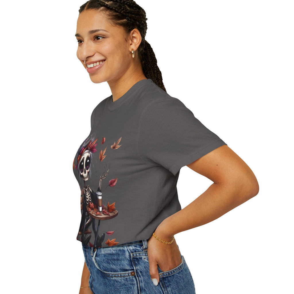 Autumn Vibe Skeleton Tee, Unisex Garment - Dyed T-shirt, Halloween Shirt, Fall Apparel, Skull Graphic Tee, Everyday Casual Wear - Metamorphosis Creations