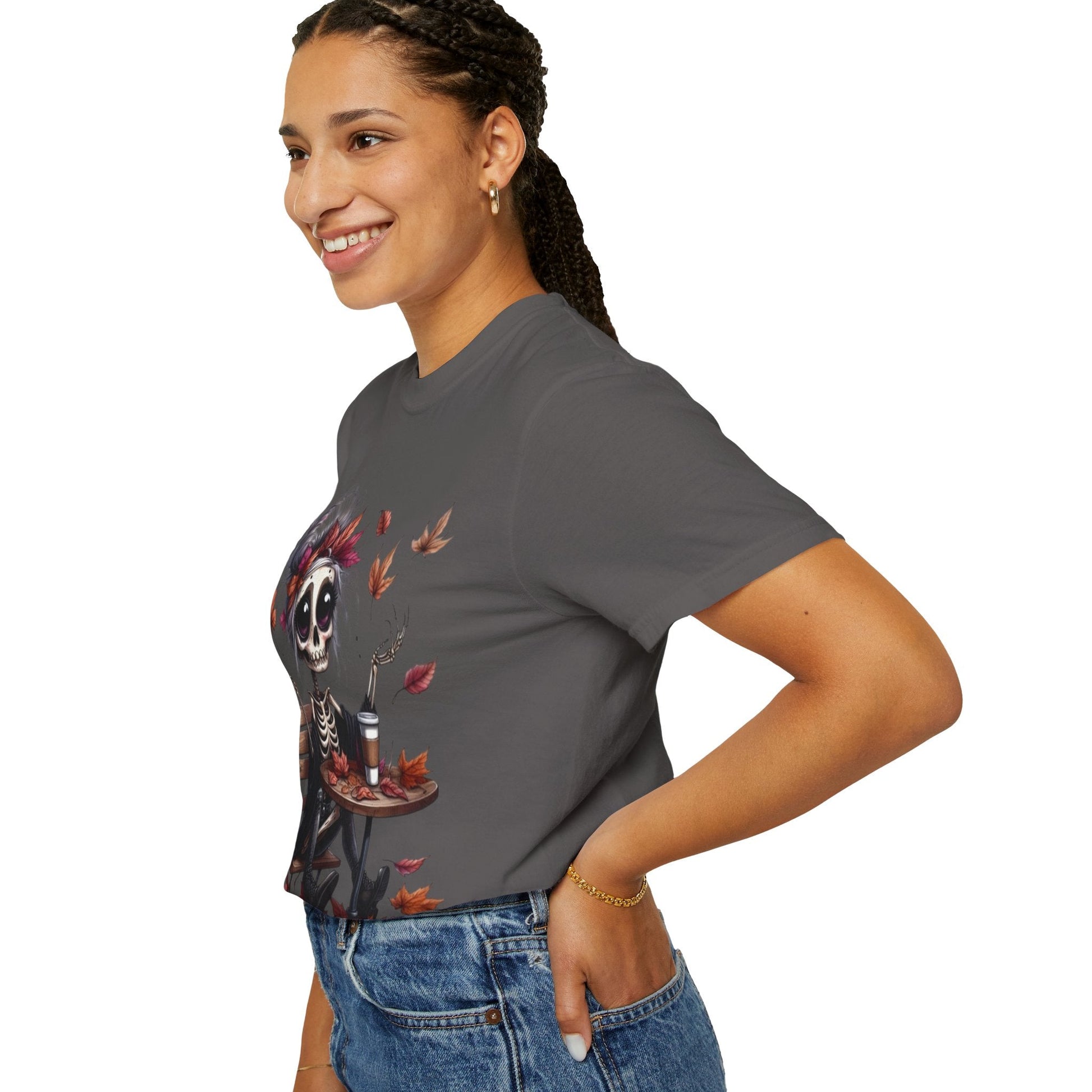Autumn Vibe Skeleton Tee, Unisex Garment - Dyed T-shirt, Halloween Shirt, Fall Apparel, Skull Graphic Tee, Everyday Casual Wear - Metamorphosis Creations