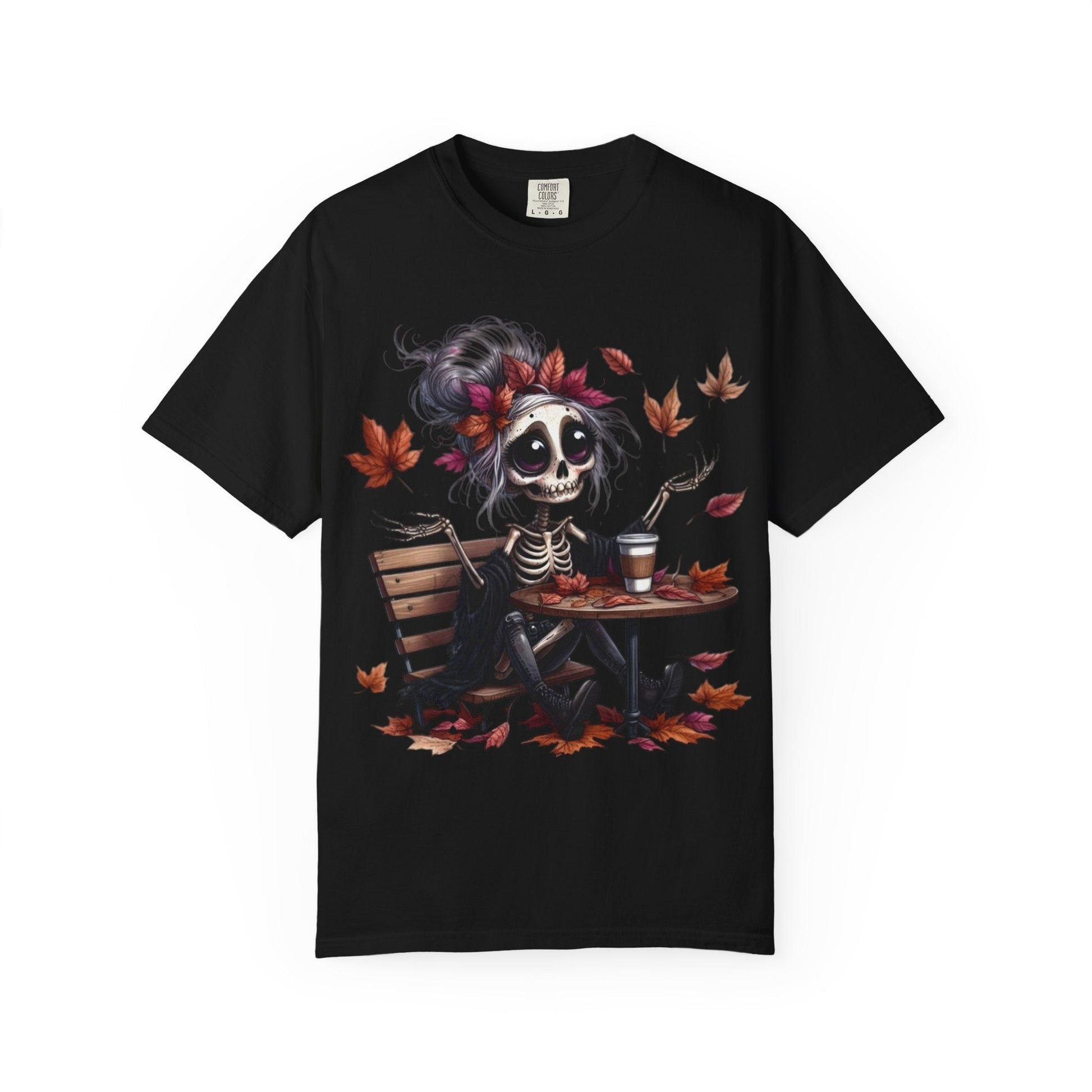 Autumn Vibe Skeleton Tee, Unisex Garment - Dyed T-shirt, Halloween Shirt, Fall Apparel, Skull Graphic Tee, Everyday Casual Wear - Metamorphosis Creations